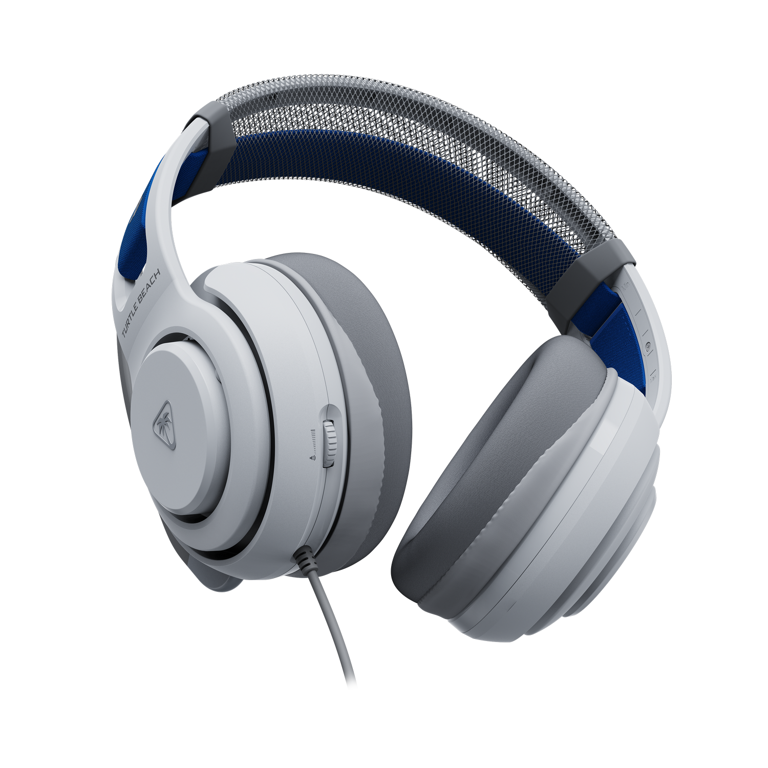Auriculares Turtle Beach blancos y grises con detalles azules. Los auriculares están sobre un fondo gris, mostrando los detalles del diseño.