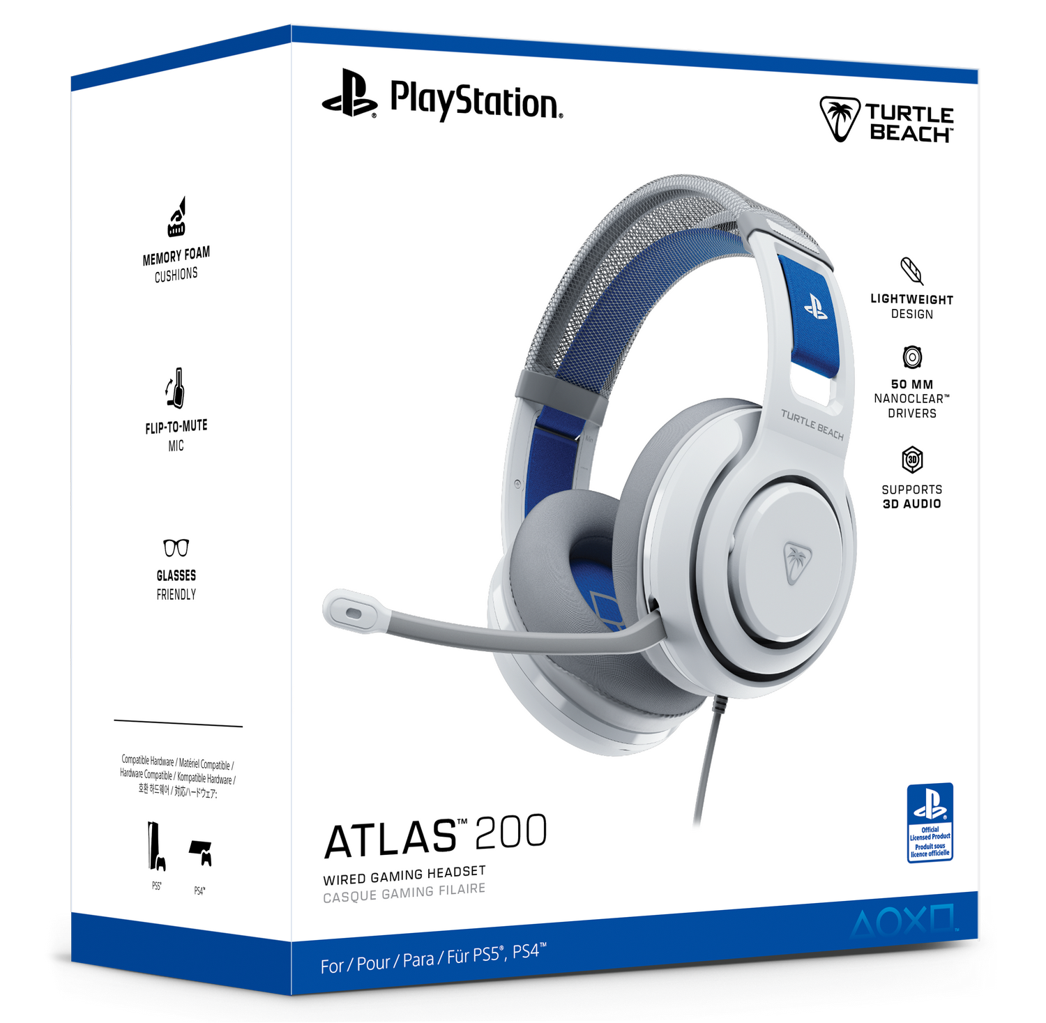 Un auricular para juegos blanco y gris en una caja. Tiene detalles en azul y la marca 'Turtle Beach' es visible.