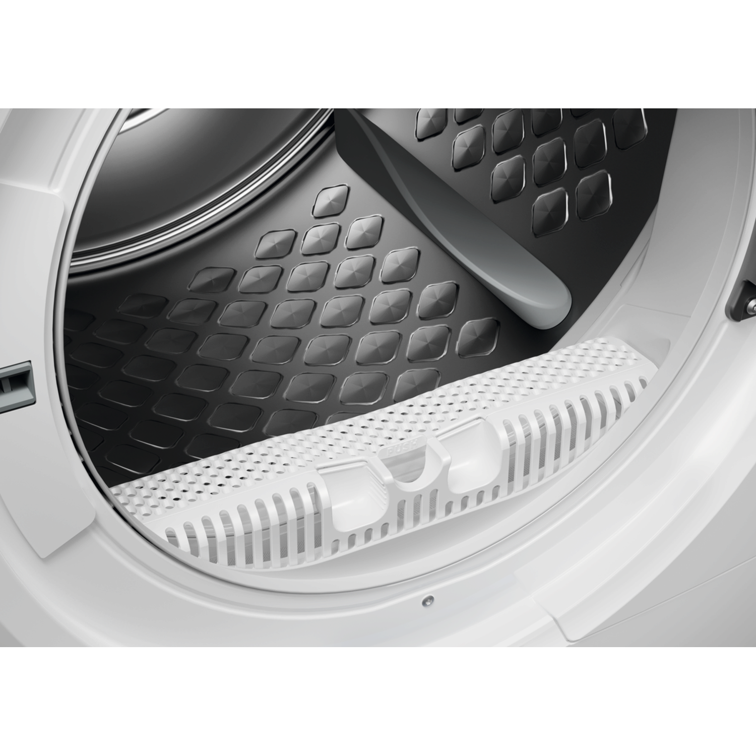 Inside a dryer, a white lint filter is in the foreground. The drum's interior is black with diamond-shaped patterns.
