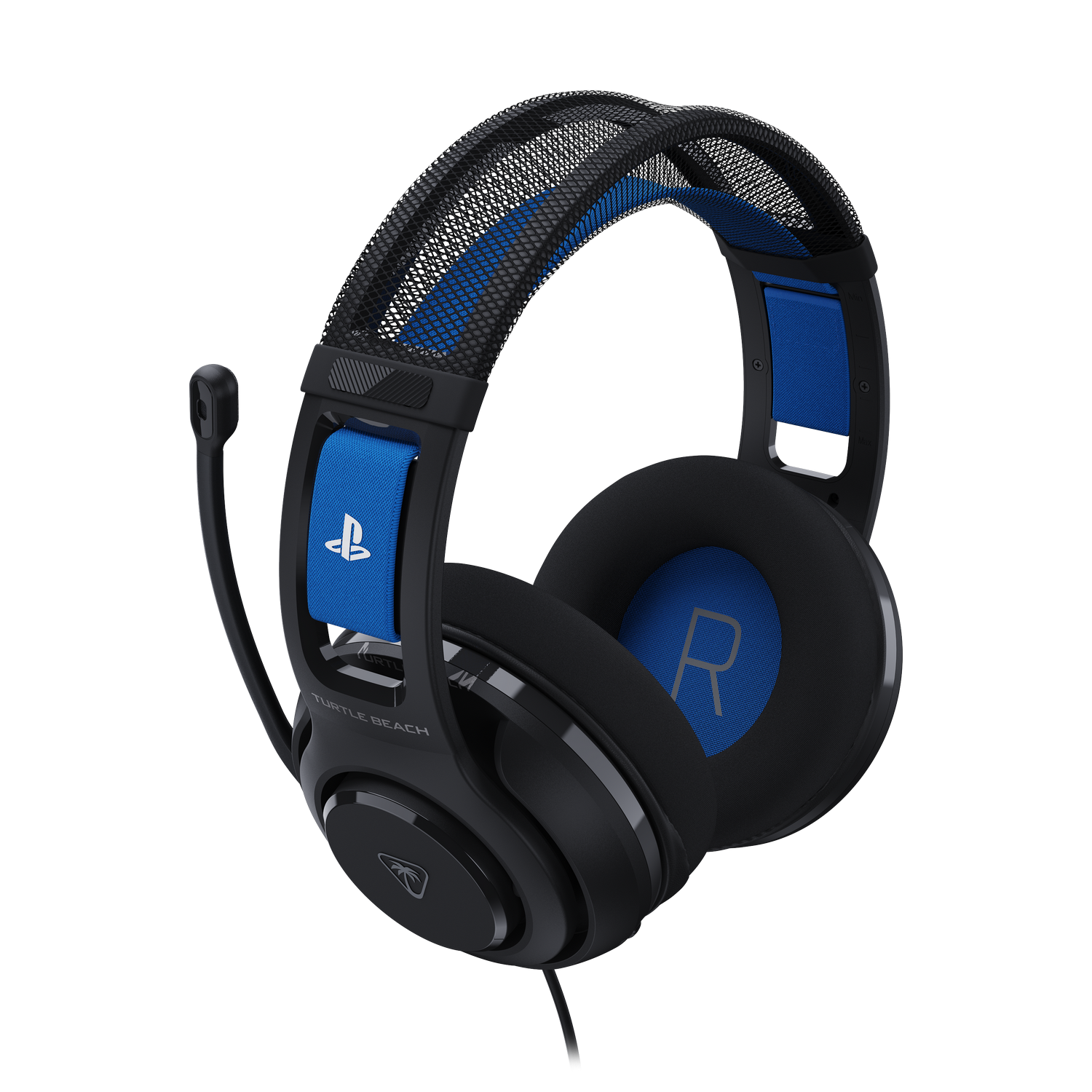 Auriculares Turtle Beach PlayStation negros y azules. Cuenta con una parte superior de malla, acolchado azul y un micrófono. Fondo gris.