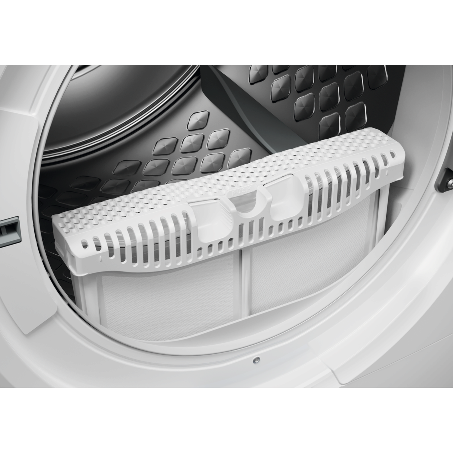 Inside a white dryer, a white lint filter is visible. The filter has a rectangular frame and a handle. The background is metallic.