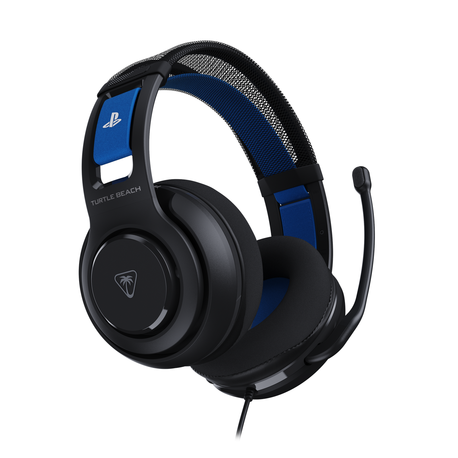 Auriculares gaming Turtle Beach negros y azules con micrófono. El auricular tiene el logotipo de PlayStation en la diadema azul.