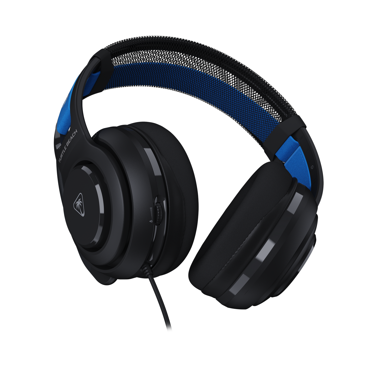 Auriculares Turtle Beach negros con detalles azules y diadema de malla negra. Se ve un control de volumen en la copa izquierda.
