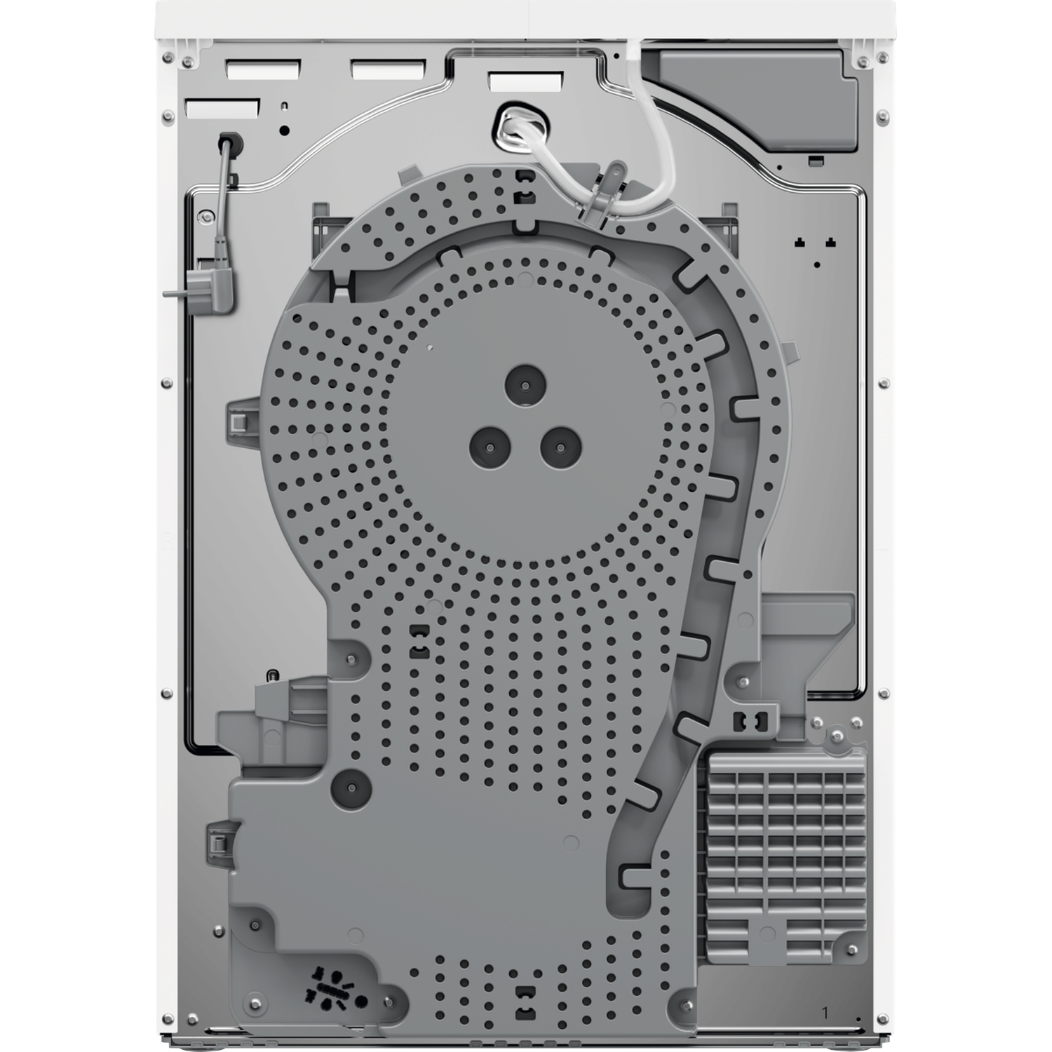 The back of a white appliance, possibly a dryer, with a complex internal mechanism in gray. Numerous holes and vents are visible.
