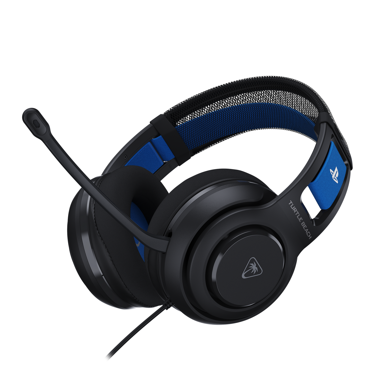 Auriculares para juegos Turtle Beach negros y azules con micrófono. Los auriculares tienen el logotipo de Playstation. Está sobre un fondo gris.