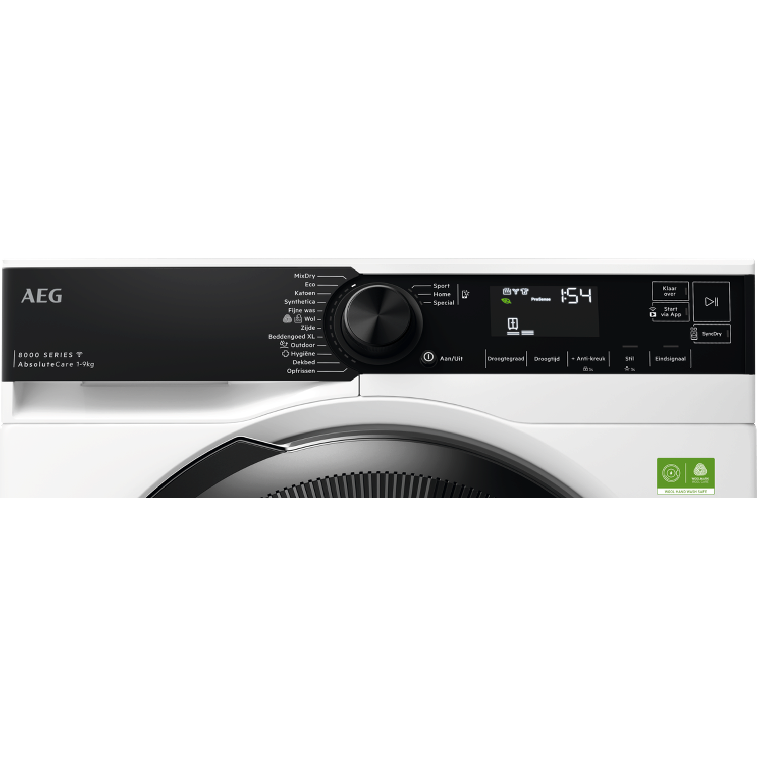 A white AEG dryer with a black control panel and display showing settings and a timer. The dryer has various program options.