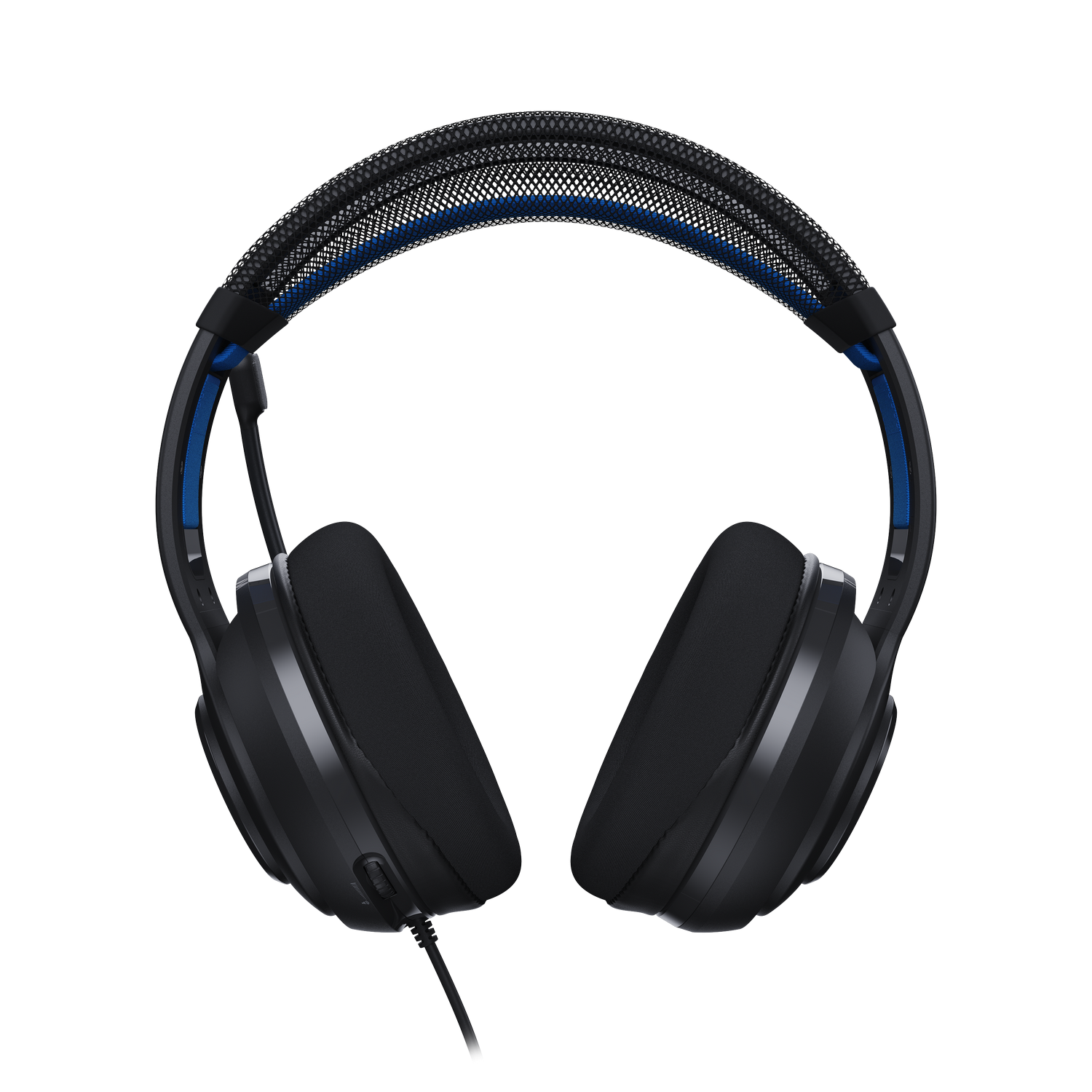 Auriculares gaming negros con detalles azules. Diadema de malla, grandes almohadillas y cable que sale del auricular izquierdo.