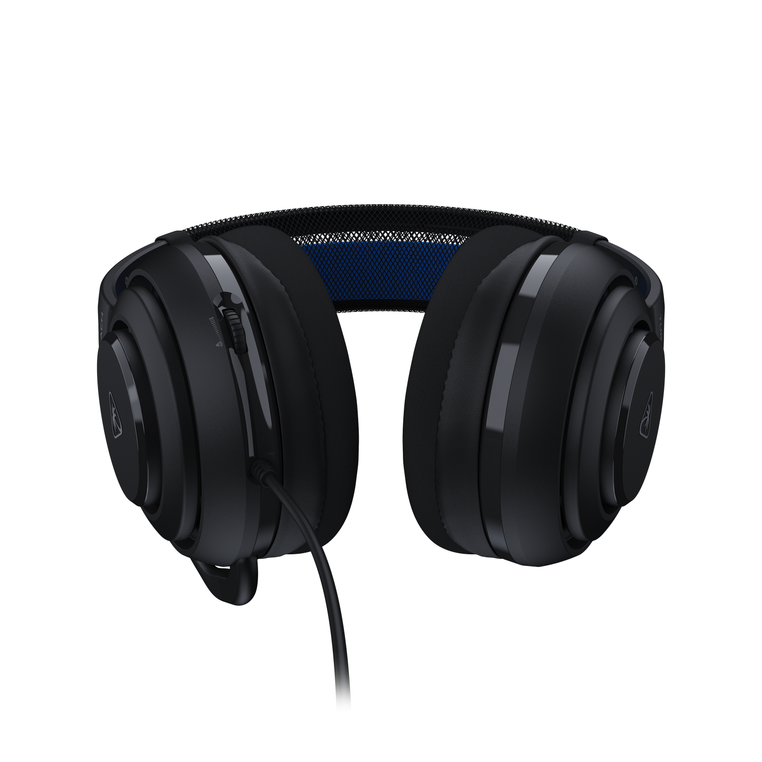 Auriculares gaming negros con malla azul y almohadillas suaves. Control de volumen visible y cable negro.