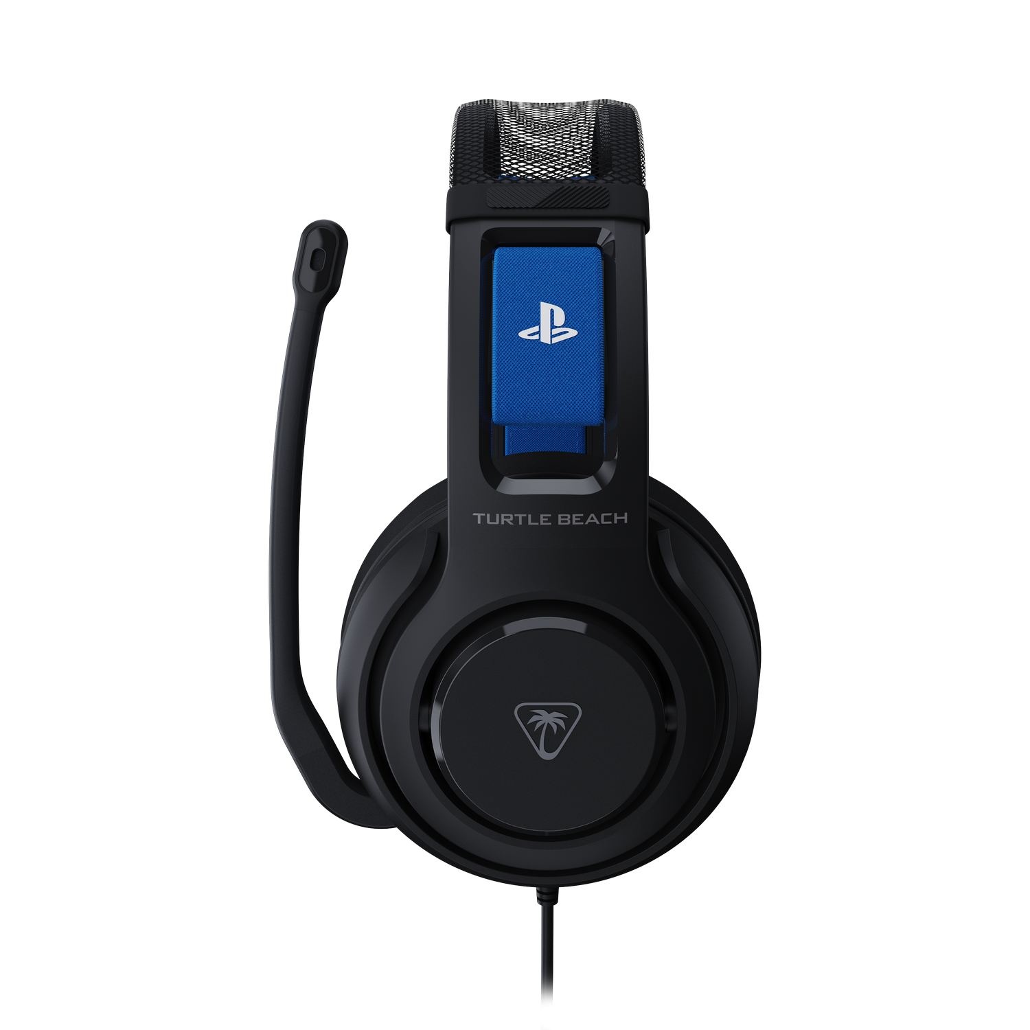 Auriculares para juegos negros con micrófono. Tiene un logotipo azul de PlayStation y el texto "TURTLE BEACH". El fondo es gris.