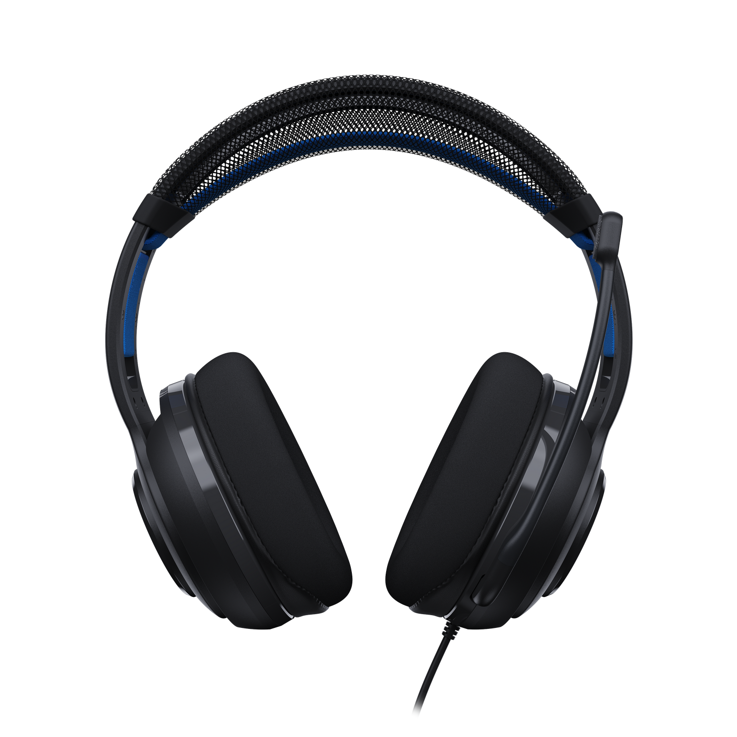 Auriculares de juego negros y azules sobre un fondo gris. Los auriculares están centrados, con auriculares y diadema visibles.