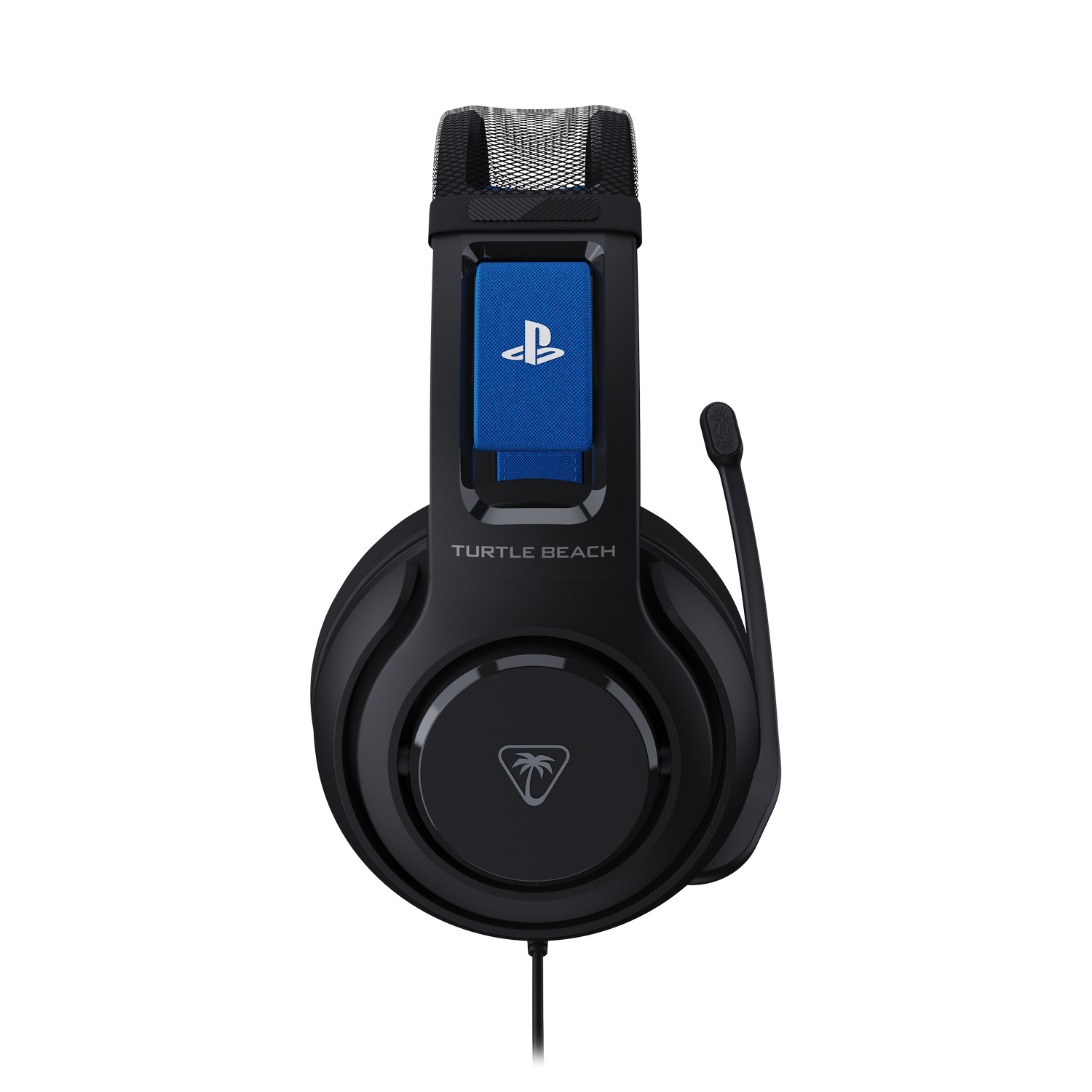 Auriculares gaming Turtle Beach negros con el logotipo azul de PlayStation en la diadema. El micrófono está en el auricular izquierdo.