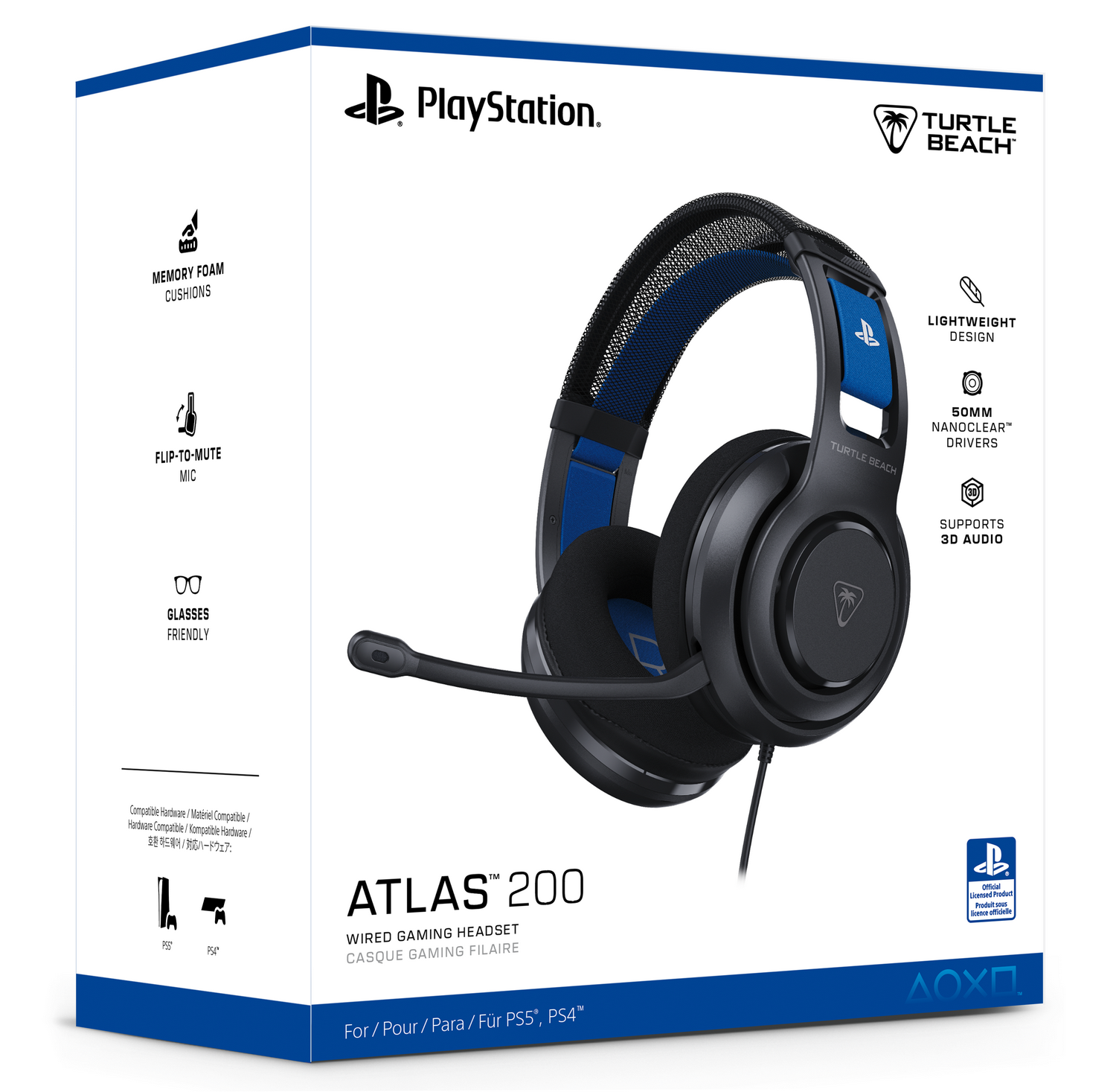 Caja de auriculares con auriculares negros y azules al frente, con logotipos de PlayStation y Turtle Beach.