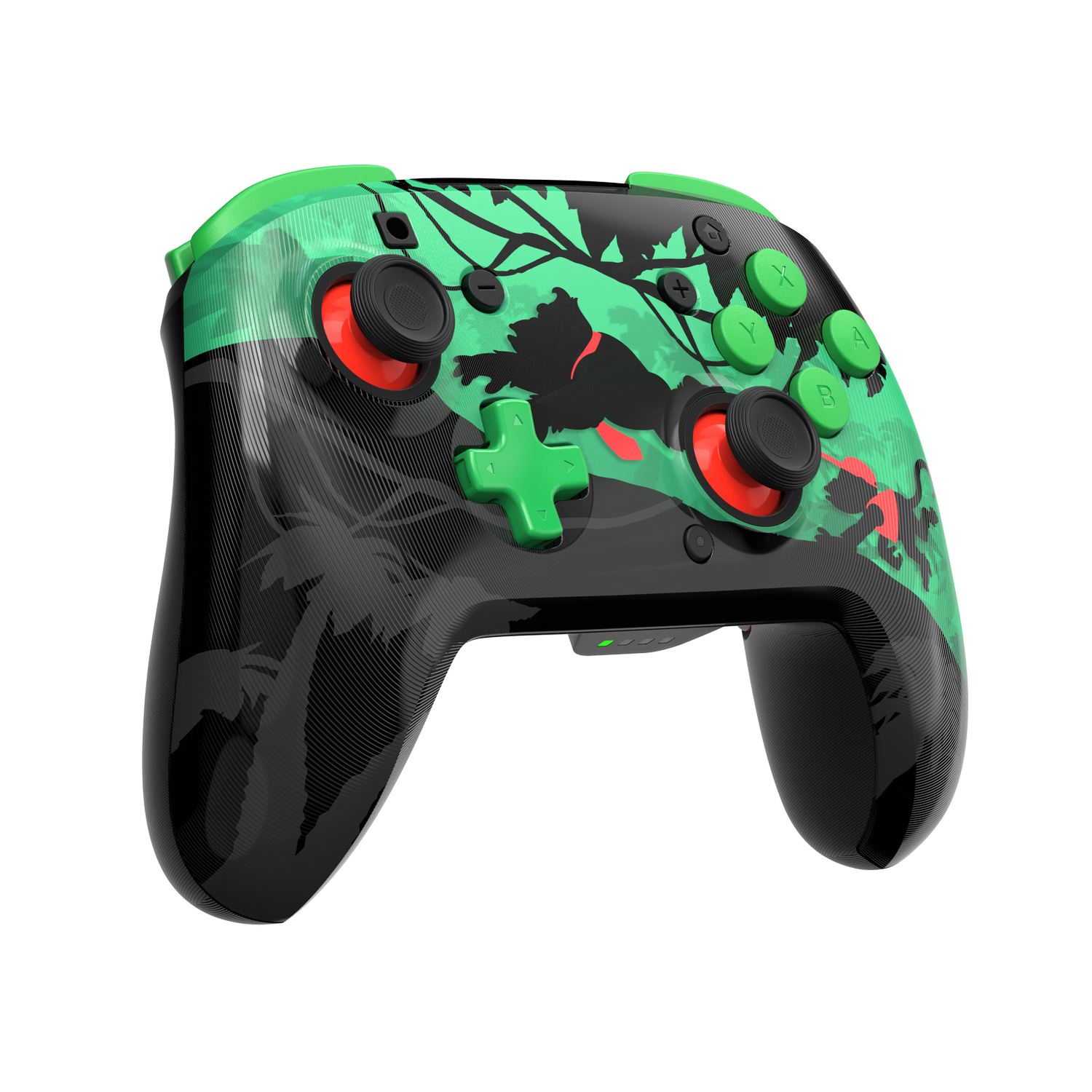 Un mando Pro de Nintendo Switch con diseño de jungla. Cuerpo negro, botones verdes y un diseño con animales y follaje.