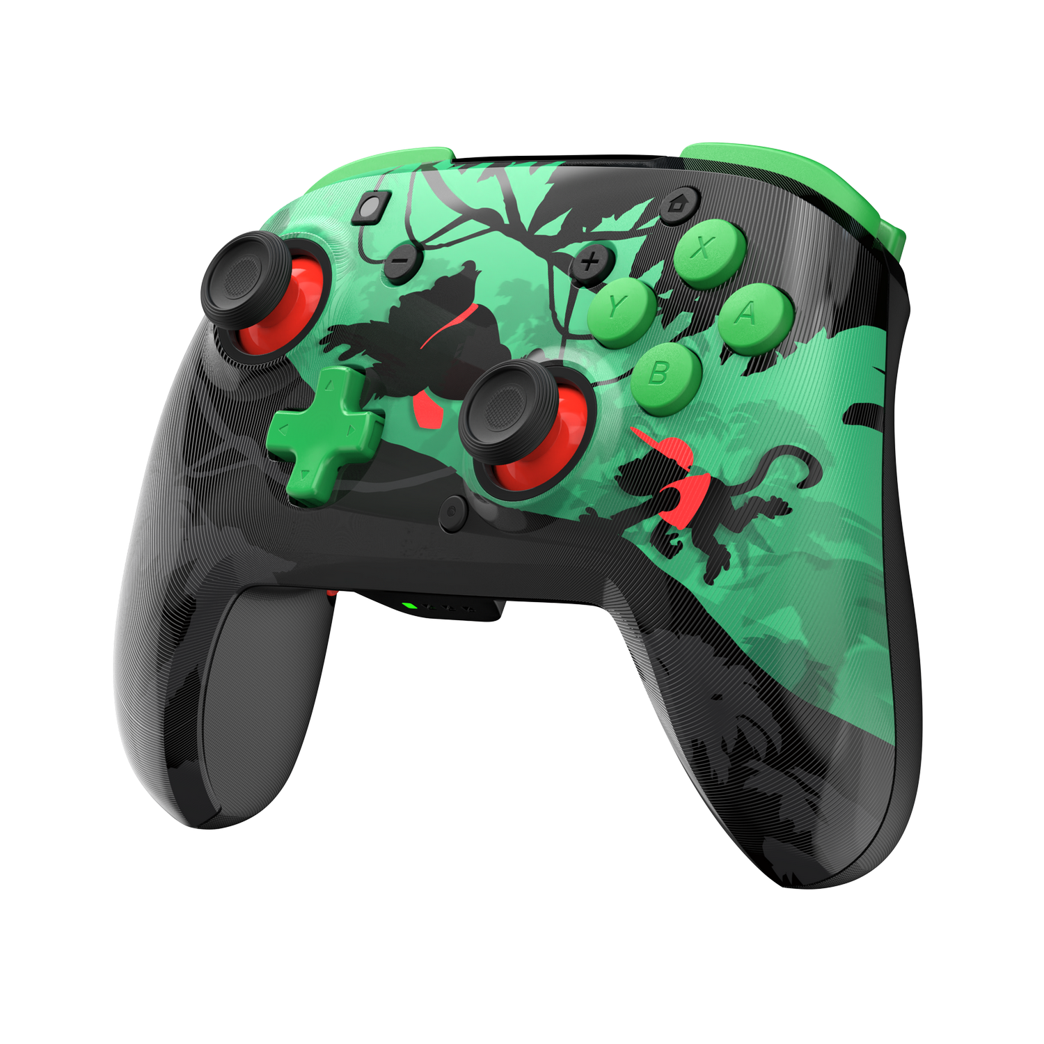 Un mando Pro de Nintendo Switch. Tiene un diseño verde y negro con un tema selvático. Los botones son verdes, rojos y negros.