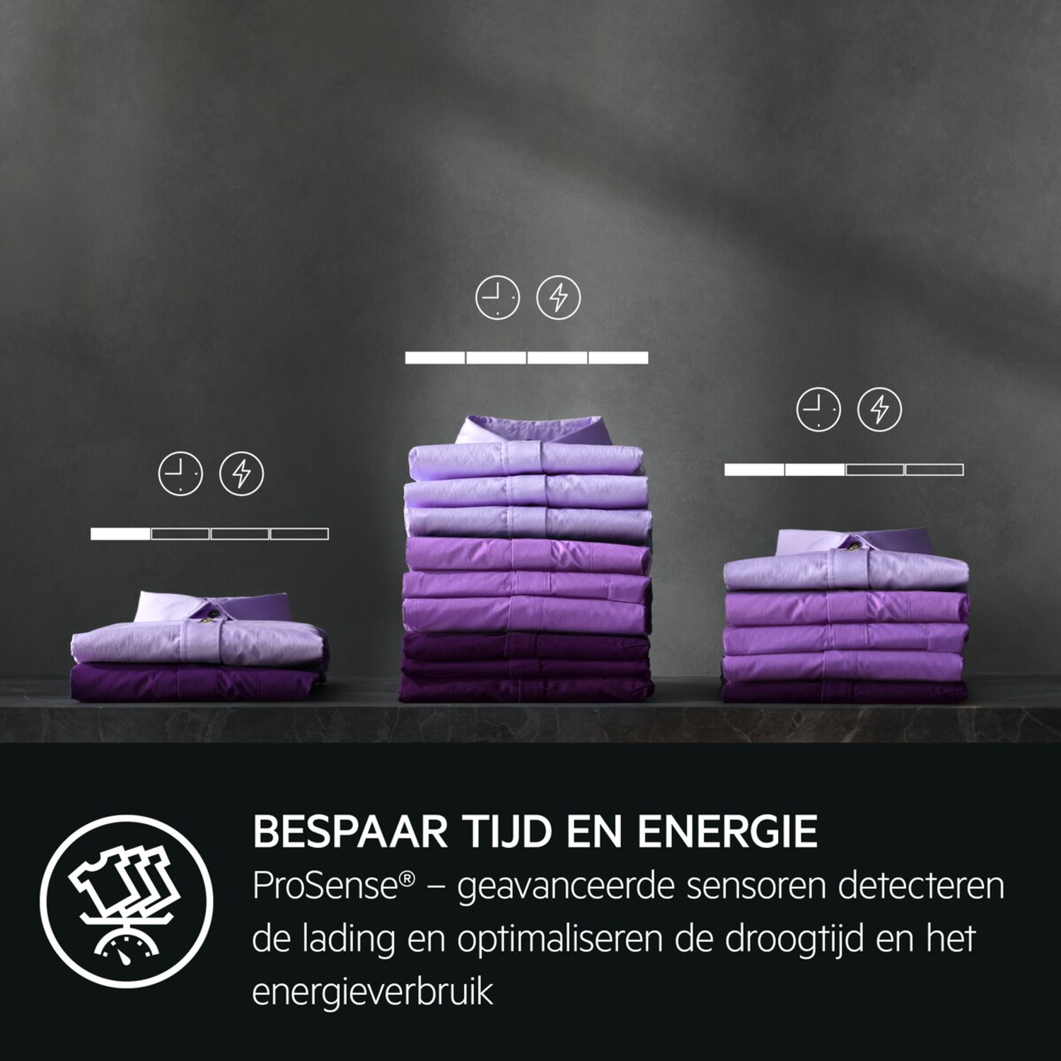 Image shows folded shirts in purple hues. Symbols indicate time and energy saving. Text reads 'Save time and energy'.