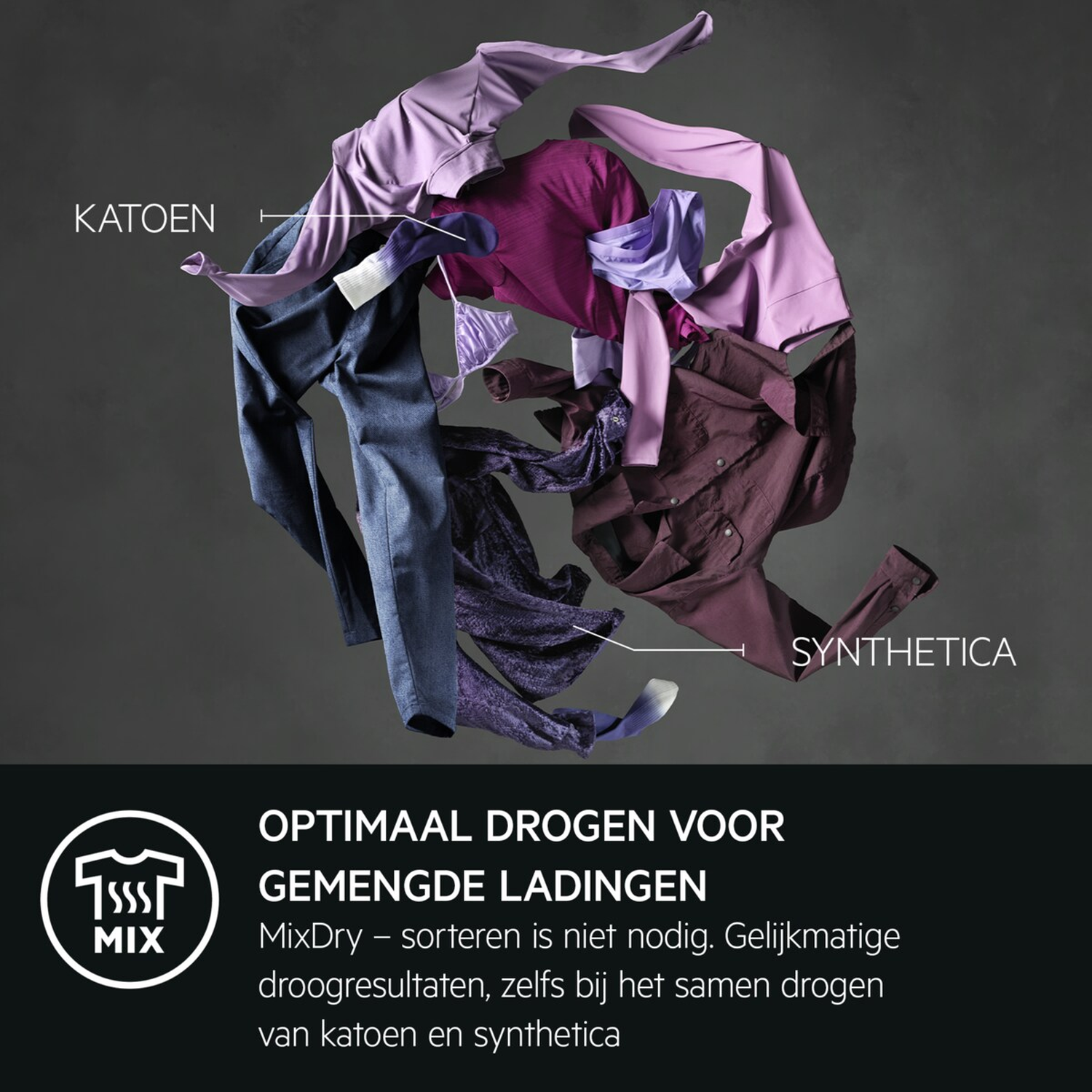 Clothes of different colors floating in mid-air.  Text labels, 'KATOEN' and 'SYNTHETICA', point to cotton and synthetic items.