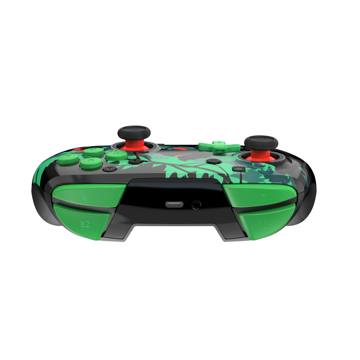 Un mando de juego con diseño verde y negro. Tiene palancas analógicas negras y botones verdes. El fondo es gris.