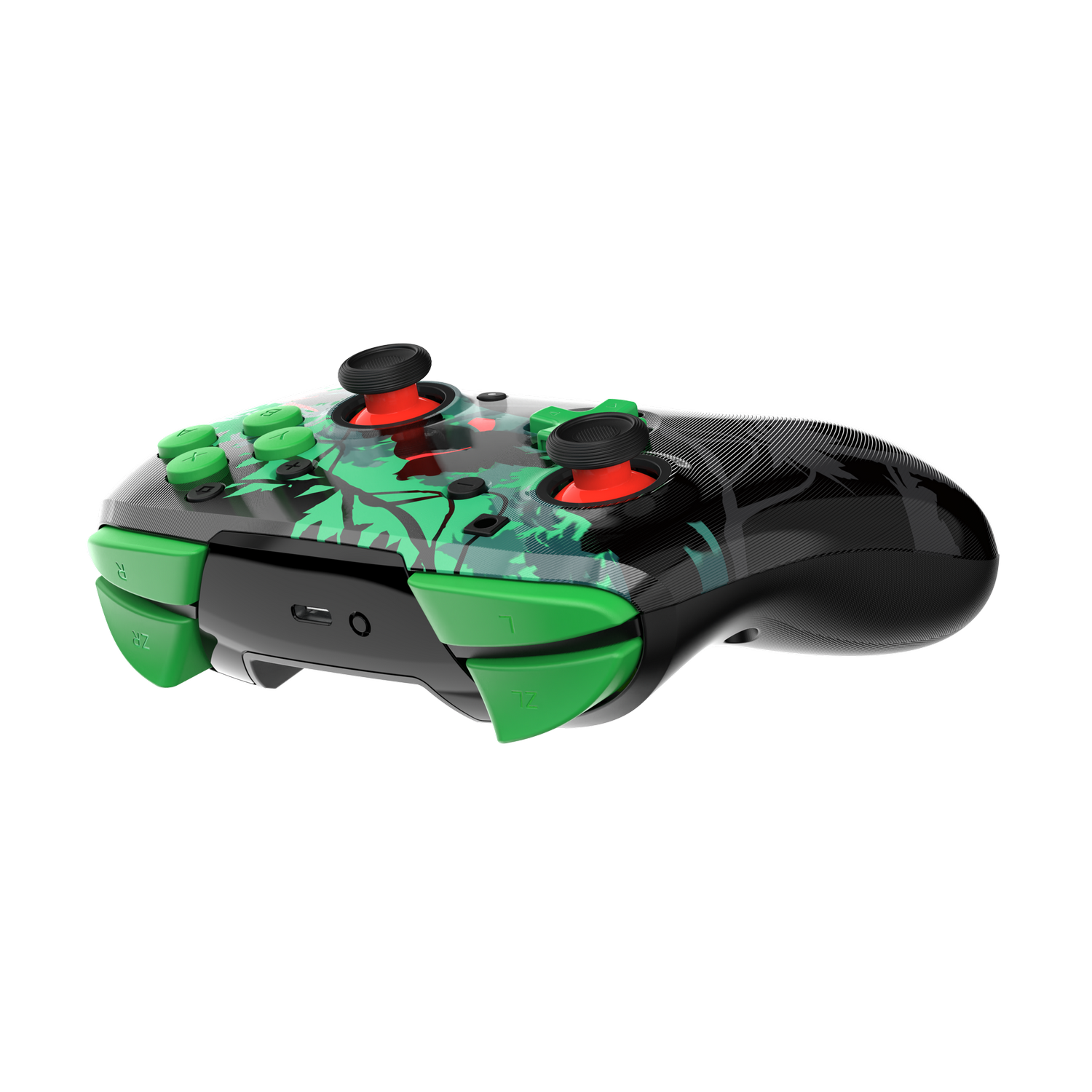 Un mando de juego negro y verde con diseños de palmeras. Tiene botones verdes y tapas de joystick rojas.