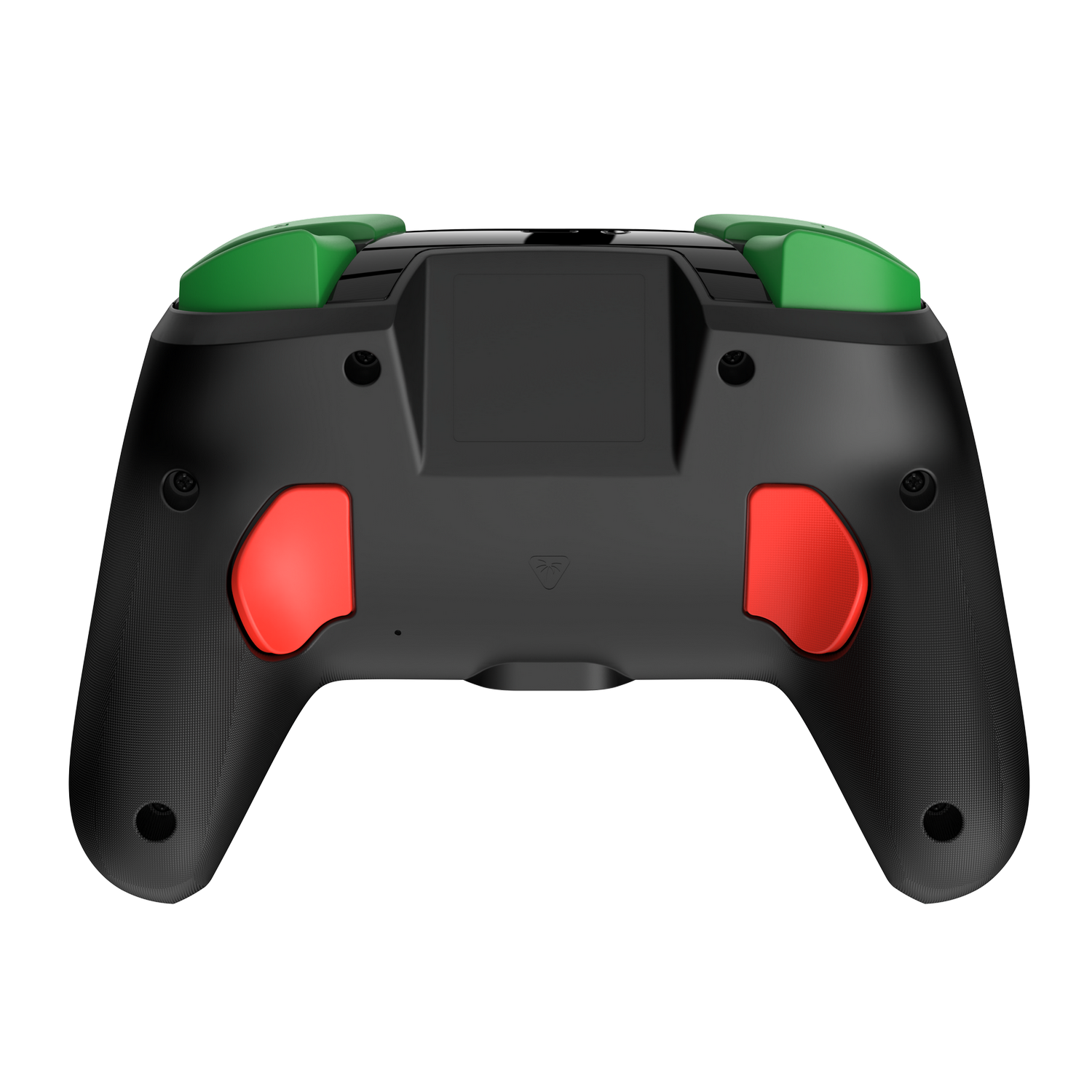 Mando de juego negro y gris con botones superiores verdes y gatillos rojos. El mando está sobre un fondo gris.