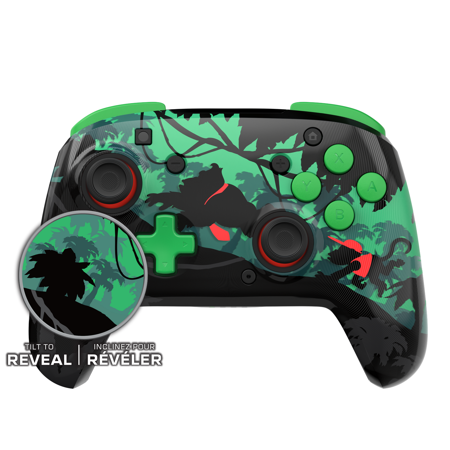 Un controlador de juego negro y verde con diseño de jungla. Tiene botones, joysticks y una función de revelación. Un círculo muestra un detalle ampliado.