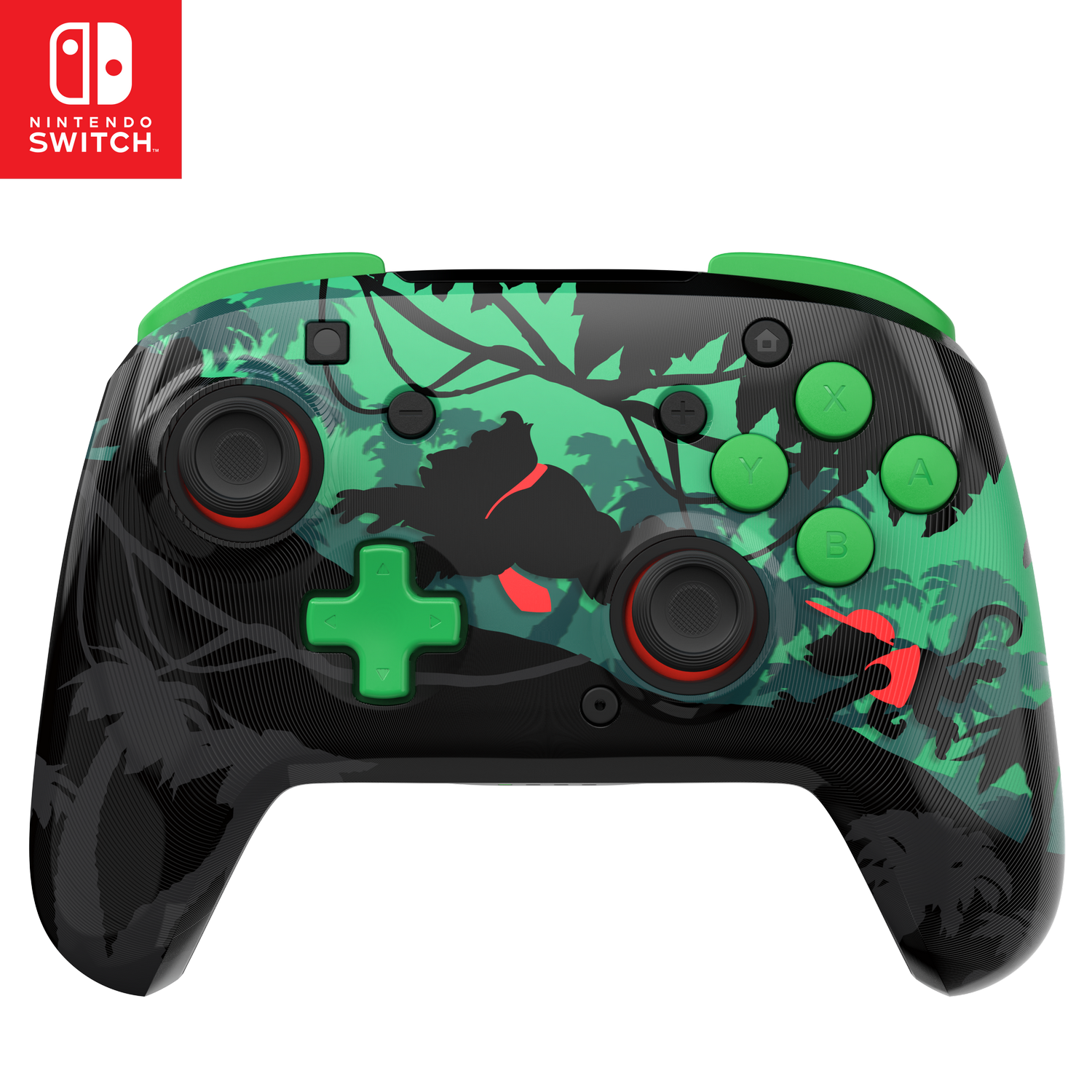 Mando Nintendo Switch con tema de jungla. Colores verde, negro y rojo. Botones: X, Y, A, B y cruceta direccional.