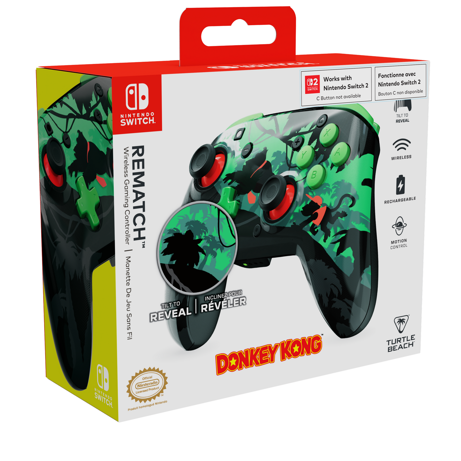 Una caja de controlador de Nintendo Switch con un diseño de Donkey Kong verde y negro. Muestra el controlador y sus características.