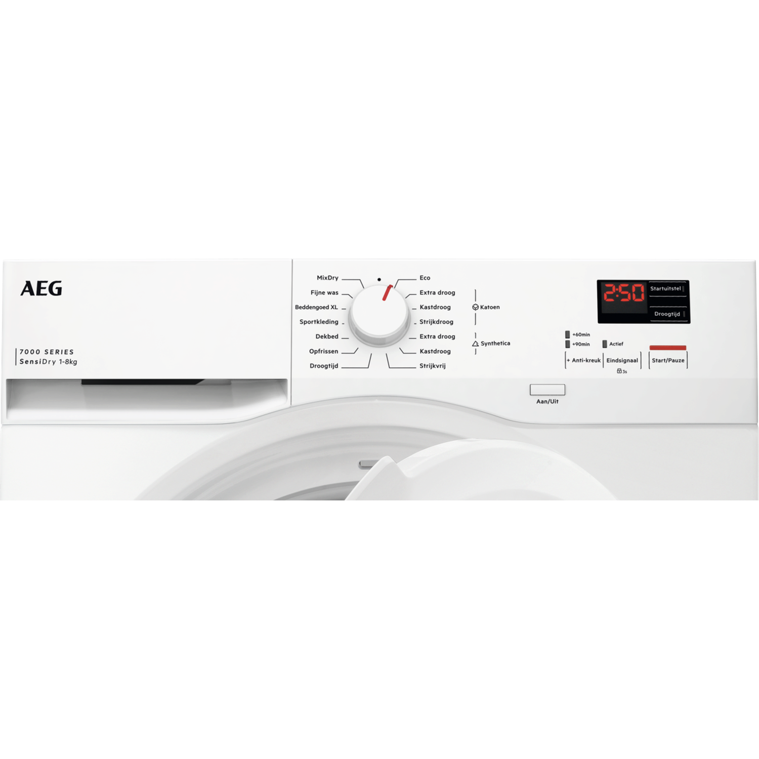 A white AEG dryer with a control panel, rotary dial, and digital display showing the remaining time. The door is slightly ajar.