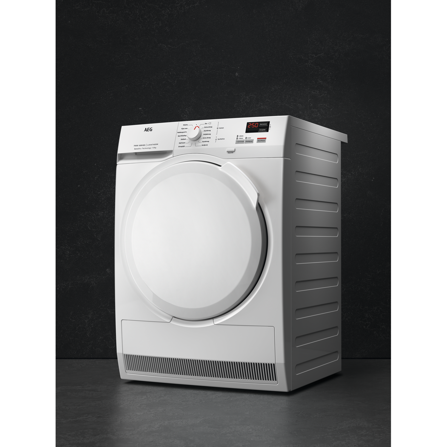 A white AEG dryer stands against a dark background. It has a control panel and a round door.