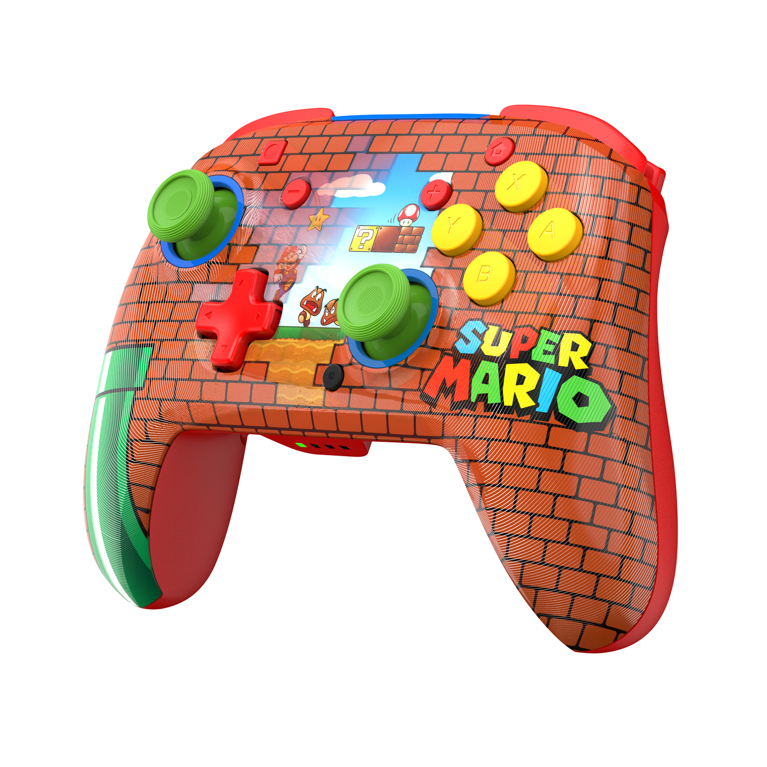 Un mando de juegos con temática de Super Mario. Cuenta con joysticks verdes, botones rojos y un diseño de ladrillo. El fondo tiene una escena de Mario.