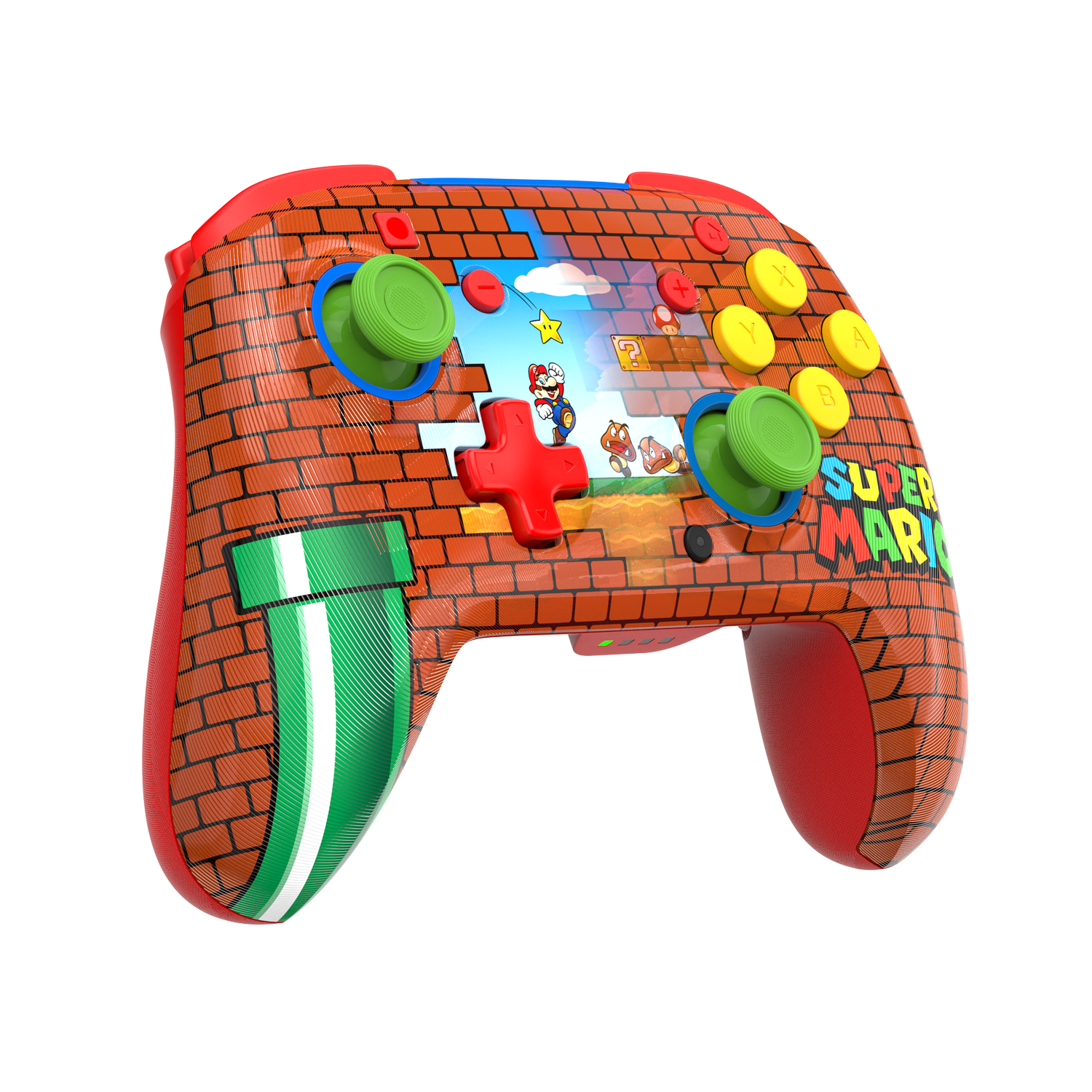 Un controlador con temática de Super Mario. Tiene un patrón de ladrillos, ilustraciones de Mario y botones coloridos. El diseño es rojo, verde y amarillo.