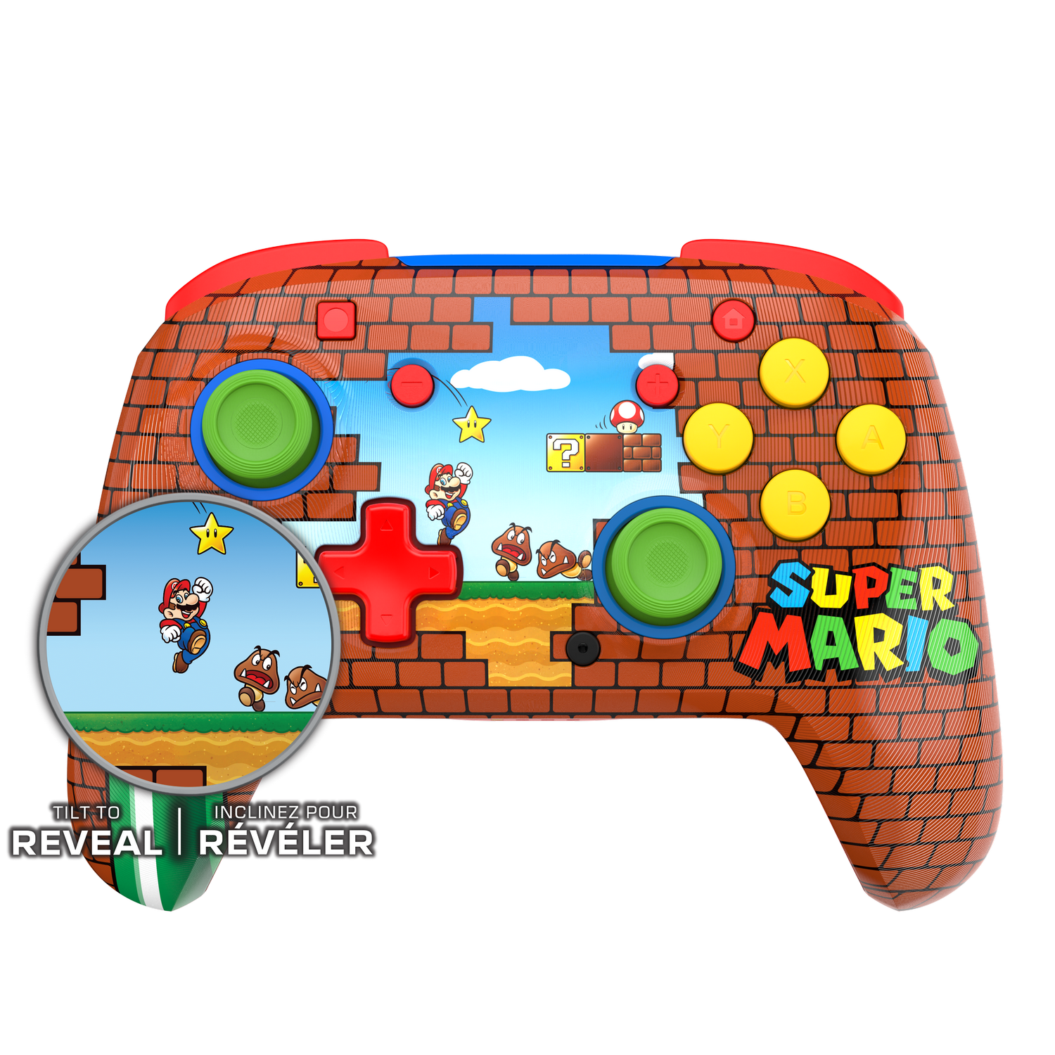 Un controlador de juego con tema de Super Mario. Presenta a Mario, Goombas y un diseño de ladrillos. Los botones incluyen verde, amarillo y rojo.
