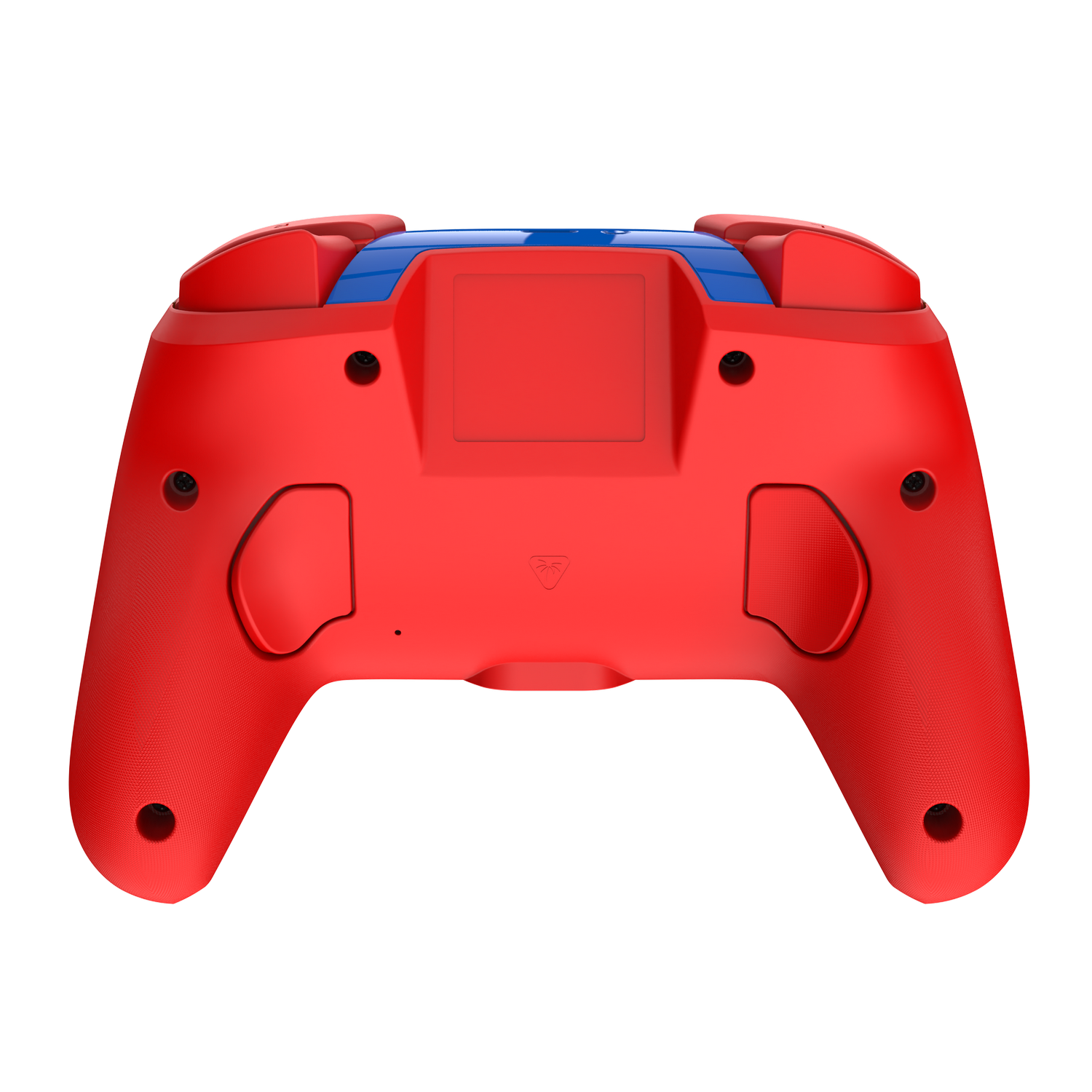 Mando de juego rojo y azul sobre fondo gris. Tiene botones y agarres, con un panel central y botones de disparo.