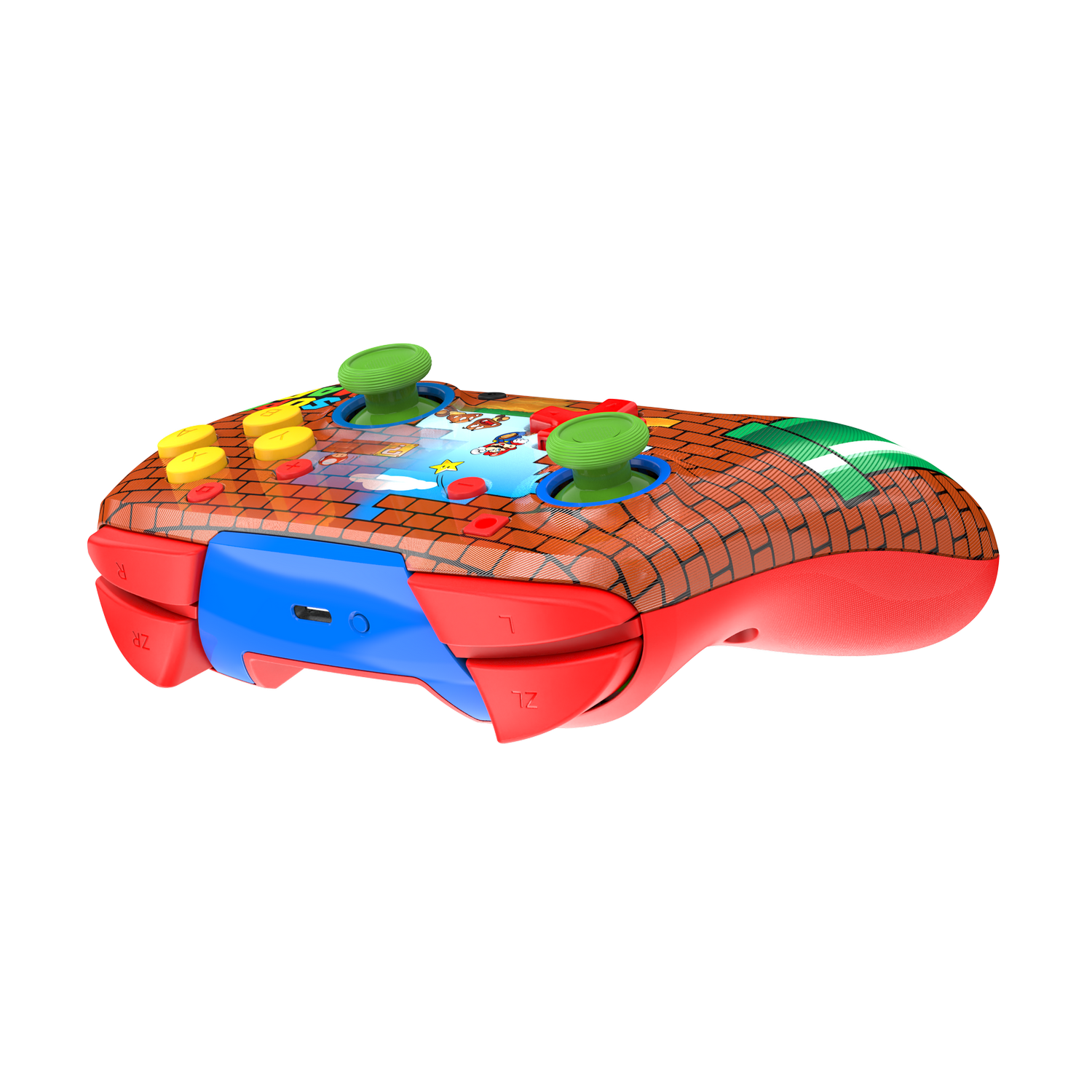Un mando de juego colorido, con joysticks verdes, botones amarillos y un diseño de patrón de ladrillos. También hay detalles en rojo y azul.