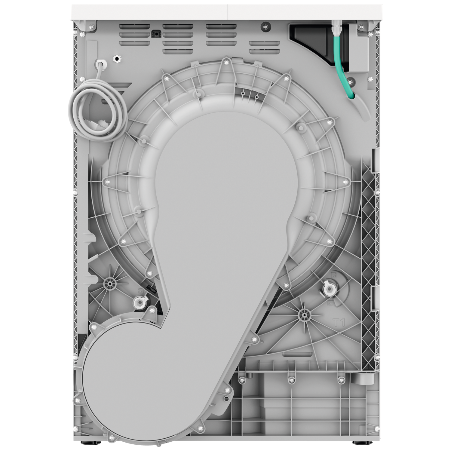 The back of a white washing machine. It features a large gray drum area, with various mechanical components and a coiled power cord.