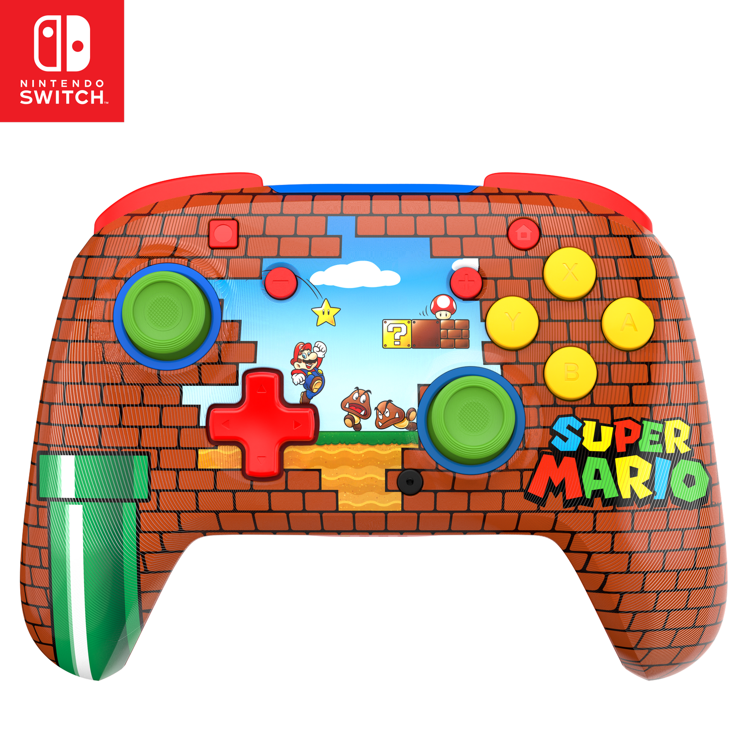 Mando Nintendo Switch con diseño de Super Mario. Presenta a Mario, Goombas y patrón de ladrillos. Botones coloridos.