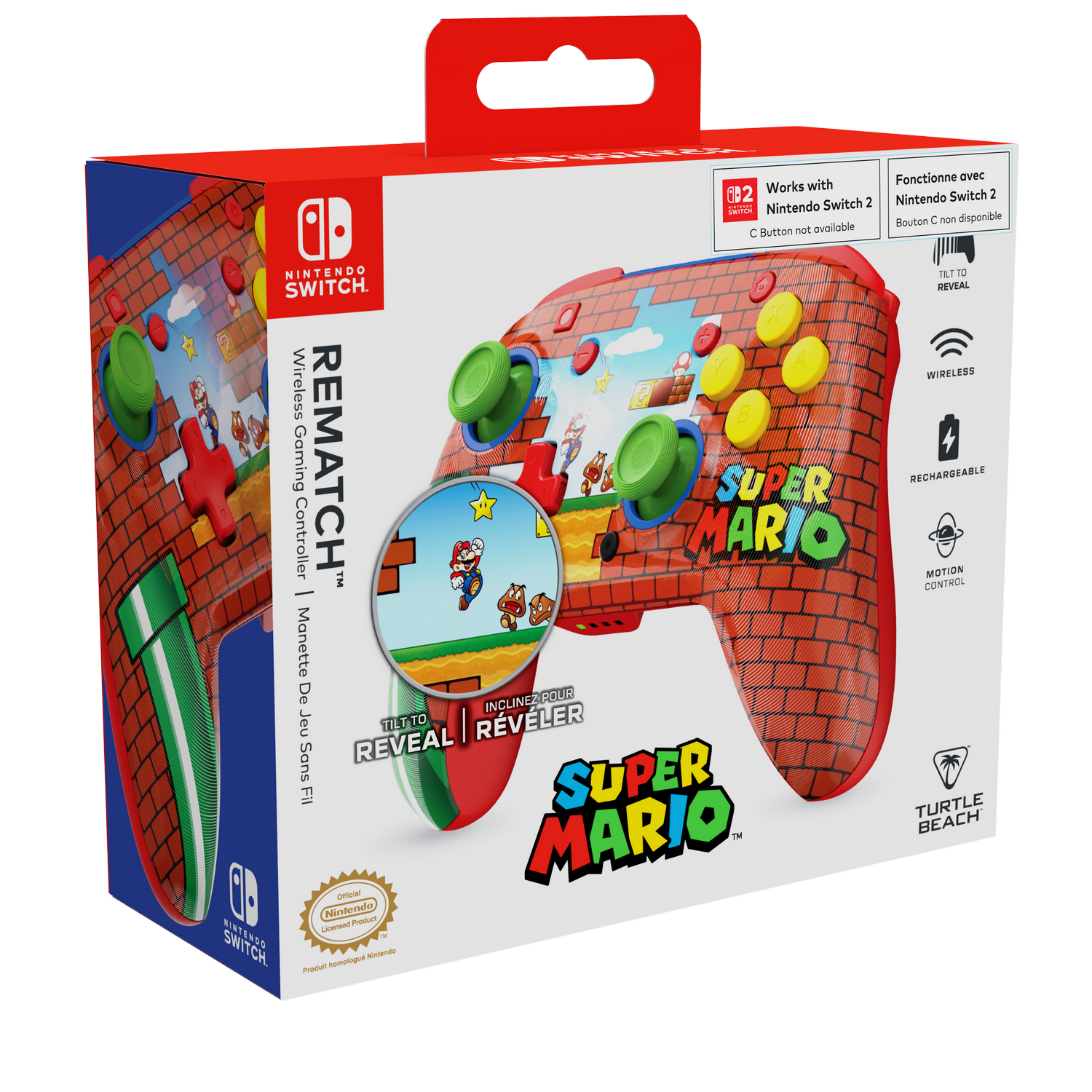 Caja del mando de Nintendo Switch. Diseño de ladrillos rojos con tema de Super Mario. Incluye mando, imagen de Mario y detalles del producto.