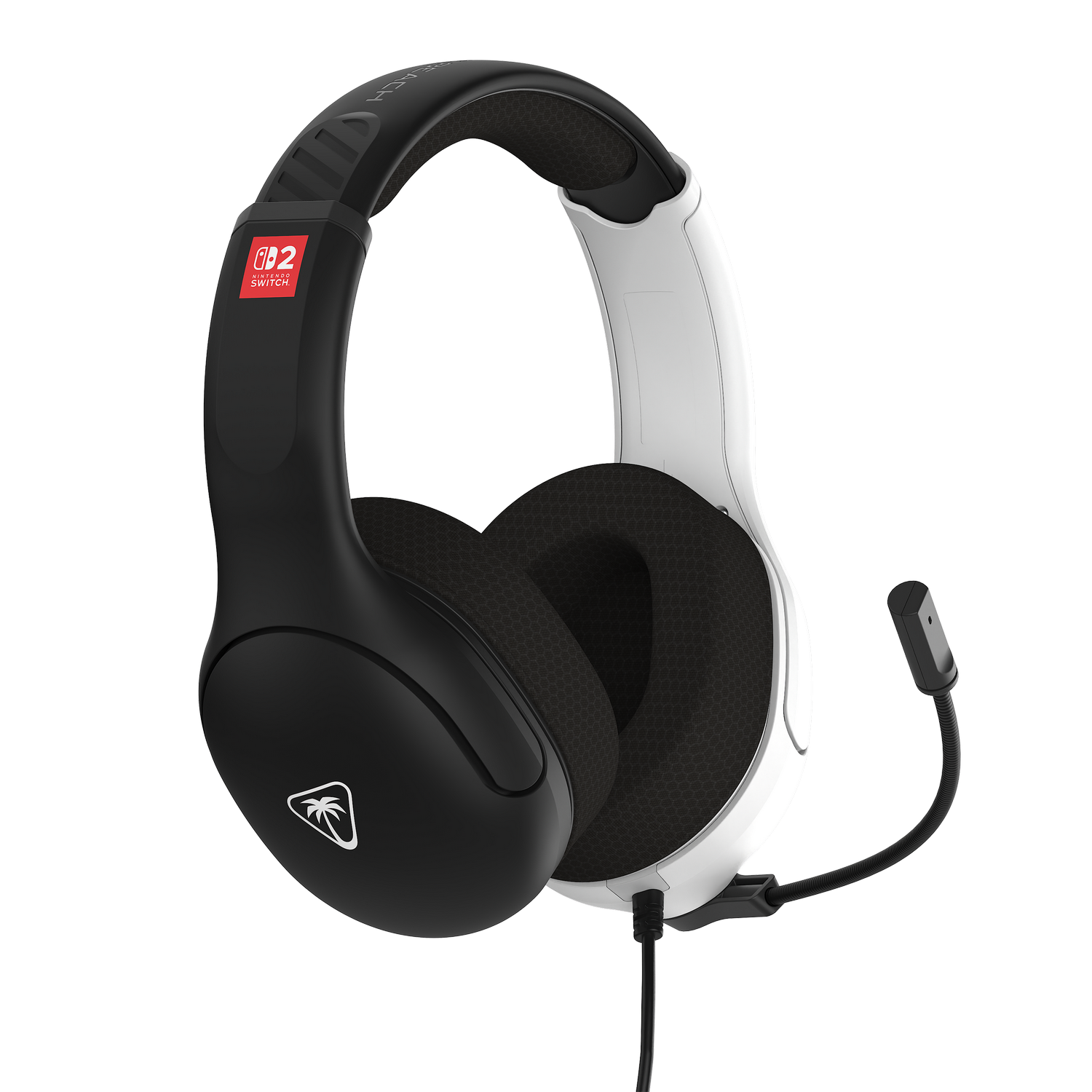 Unos auriculares para juegos en blanco y negro con micrófono. El auricular izquierdo tiene un logotipo de Nintendo Switch. El fondo es gris.