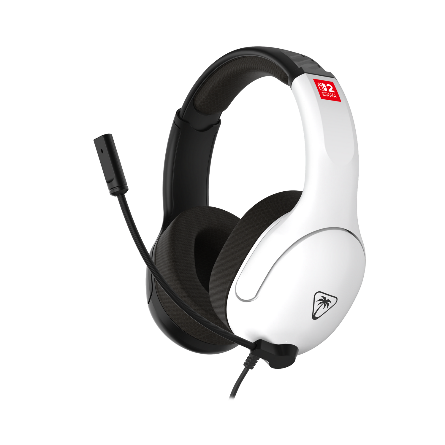Auriculares para juegos blancos y negros. Cuenta con micrófono, auriculares y diadema. El logotipo de Nintendo Switch es visible.