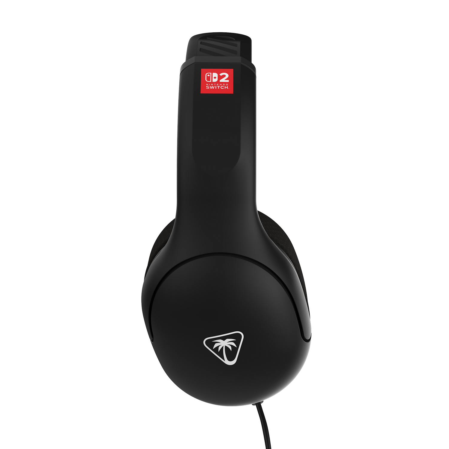 Auriculares negros con logotipo blanco en el centro. Logotipo rojo de Nintendo Switch en la parte superior. Fondo gris.