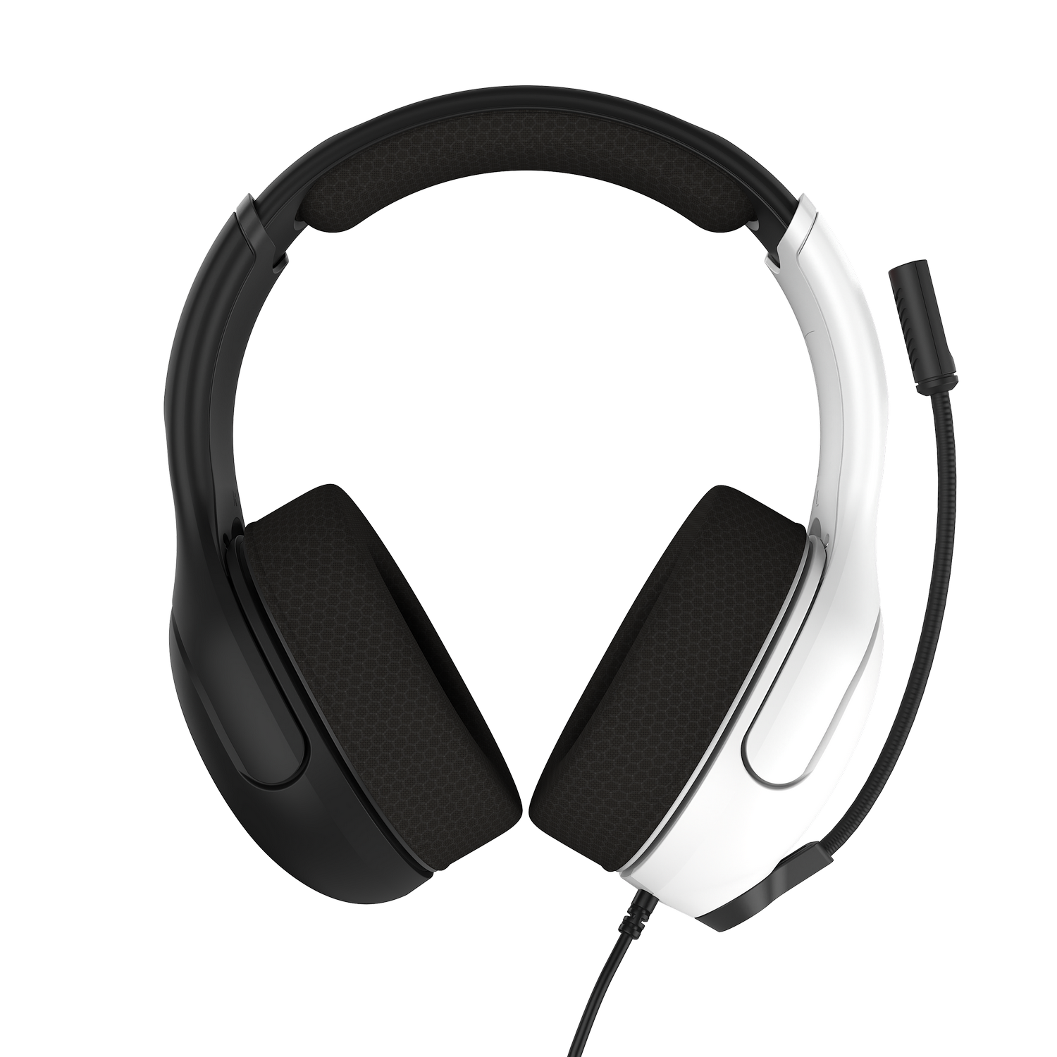 Auriculares con micrófono. Combinación de colores blanco y negro. Los auriculares son negros con acolchado negro, y la diadema es negra.