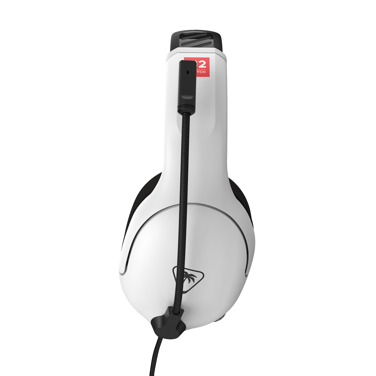 Auriculares gaming blancos con detalles negros, micrófono flexible y cable, sobre fondo gris.