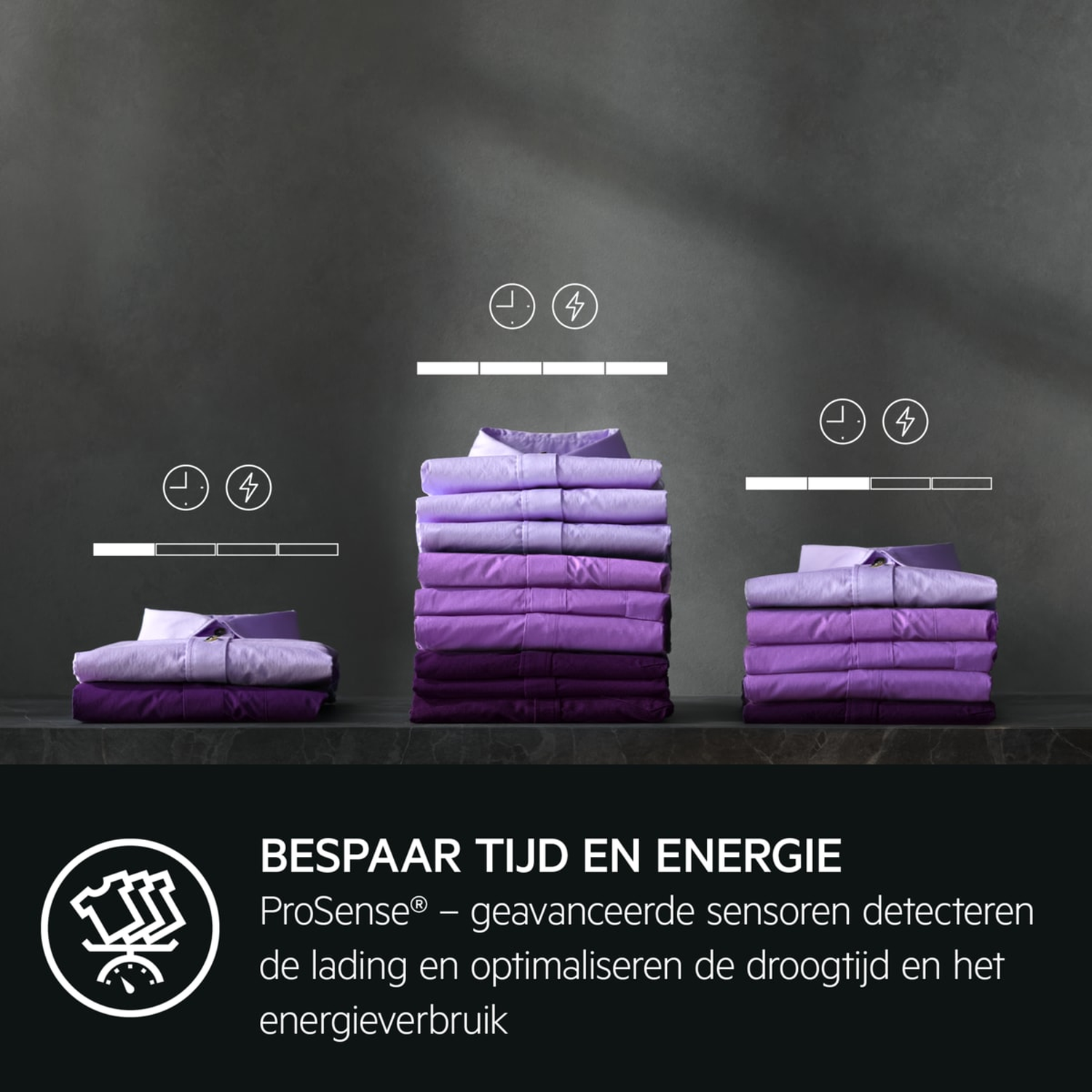 Image shows stacked shirts in varying purple shades, energy and time saving icons, and text about optimized drying.