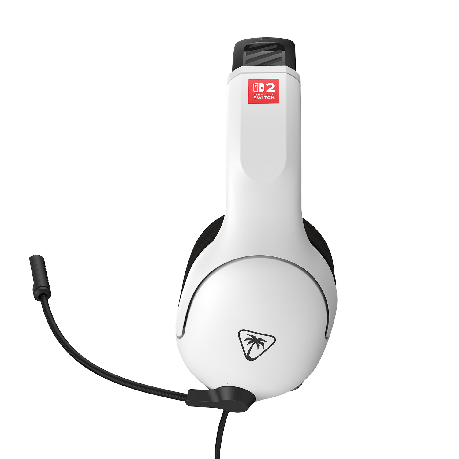 Auriculares blancos para juegos con logo de Nintendo Switch, micrófono negro y cable. El fondo es gris.