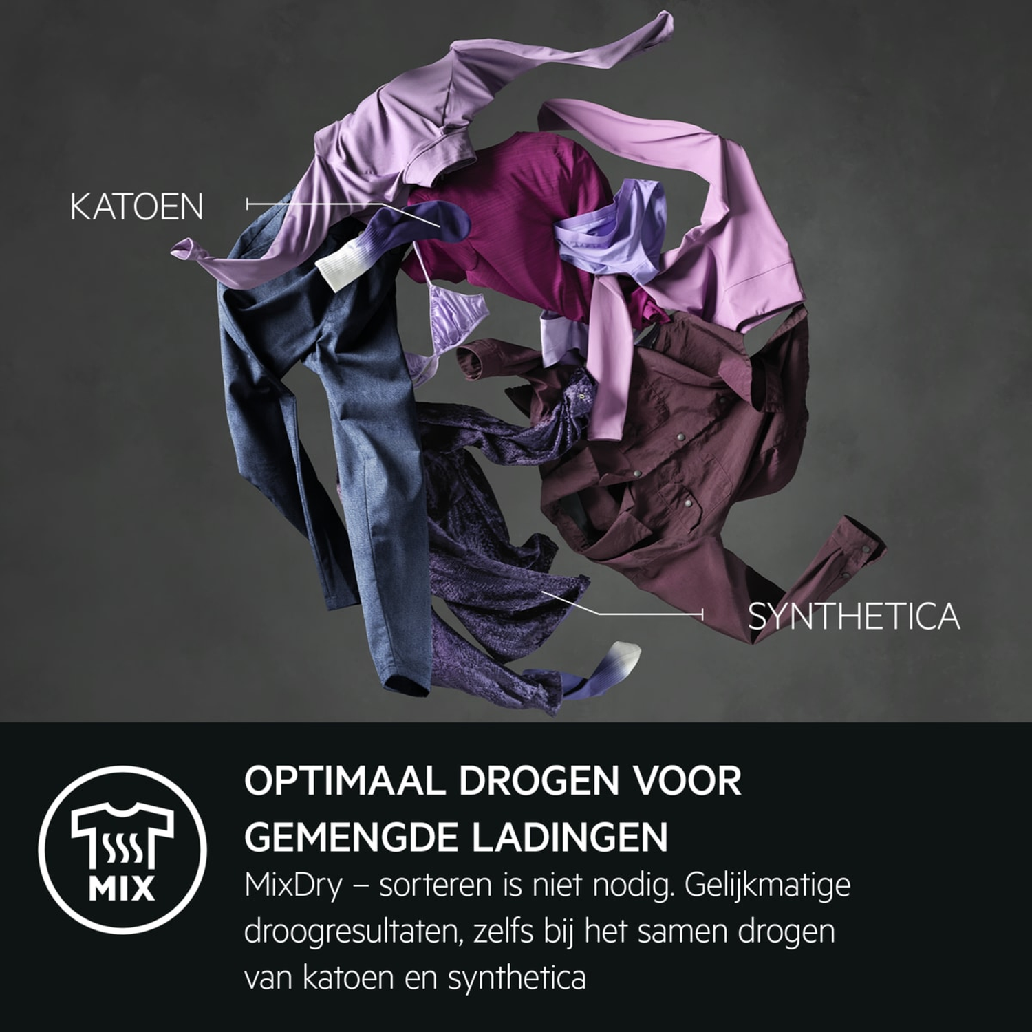 Clothes of different colors floating on a dark background. Text indicating cotton and synthetic fabrics. A MixDry logo is visible.