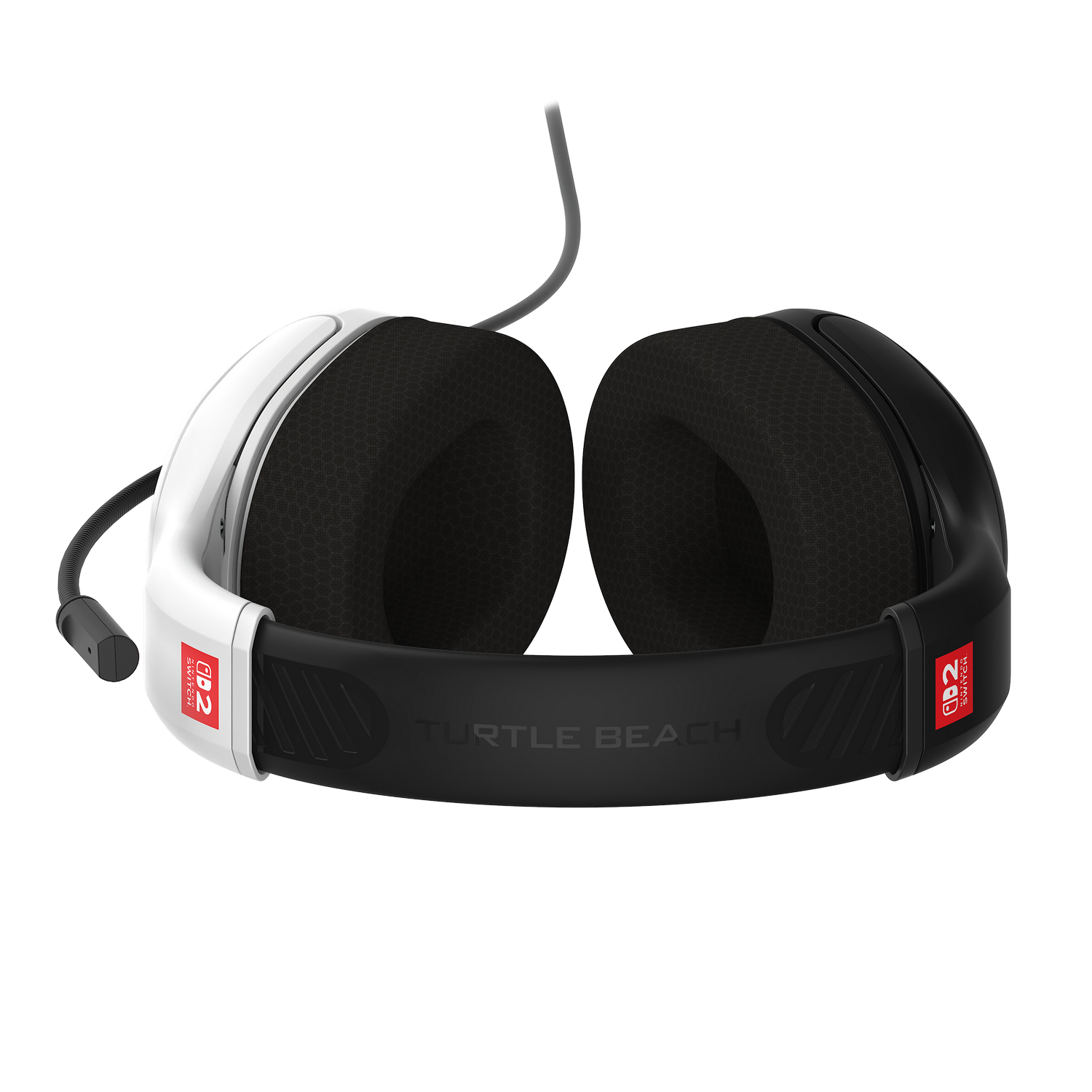 Auriculares para juegos. Diseño blanco y negro, con micrófono. El nombre de la marca 'Turtle Beach' es visible en la diadema.