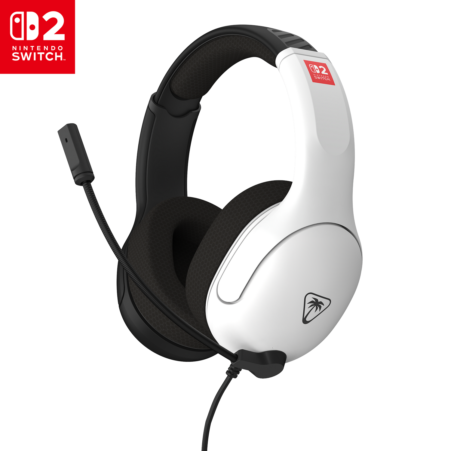 Auriculares Nintendo Switch blancos y negros. El auricular tiene un micrófono de brazo y un cable. Un logotipo de Nintendo Switch a la izquierda.