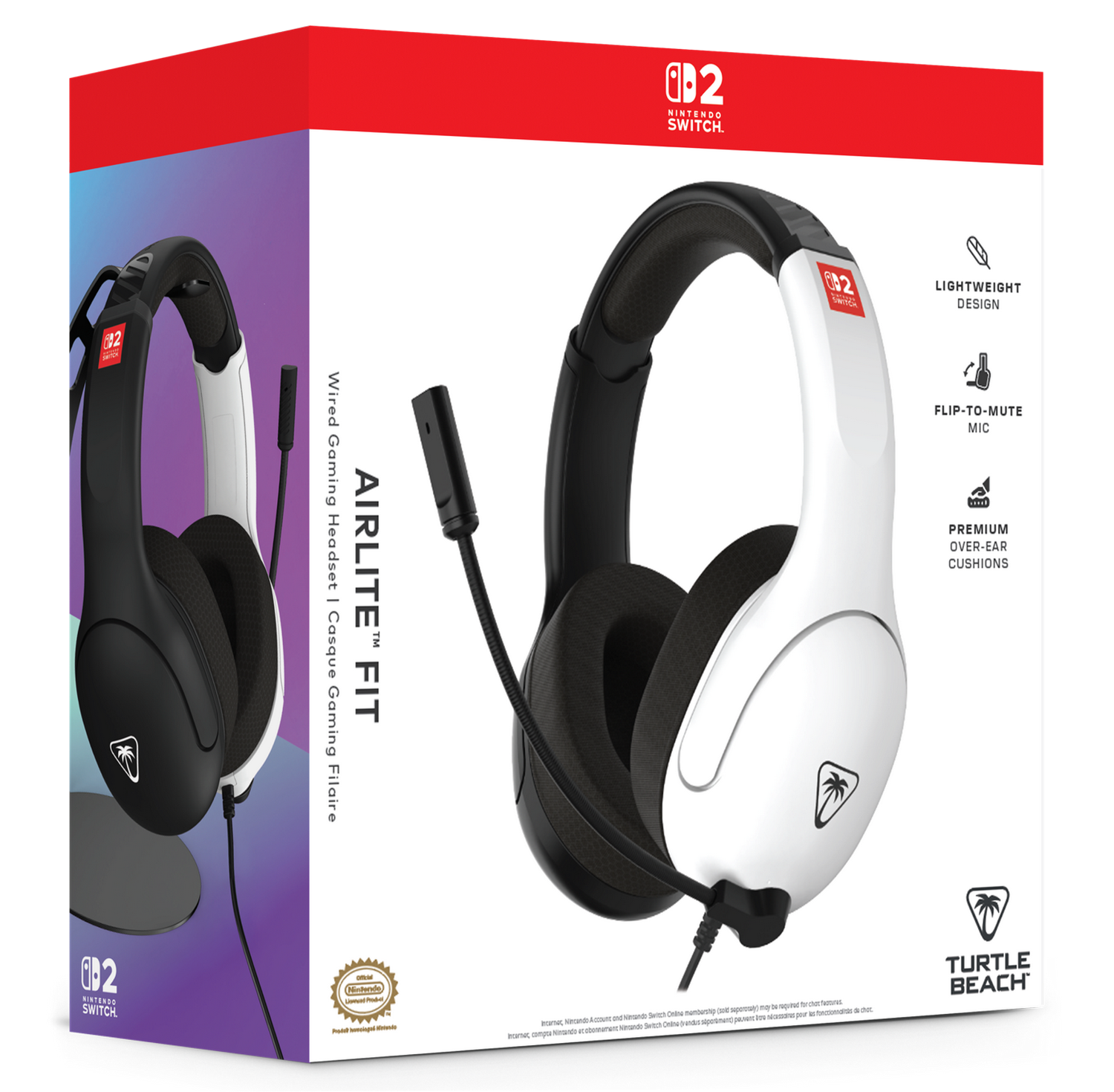 Auriculares para juegos en blanco y negro en caja. Características: diseño ligero, micrófono de silencio y almohadillas.