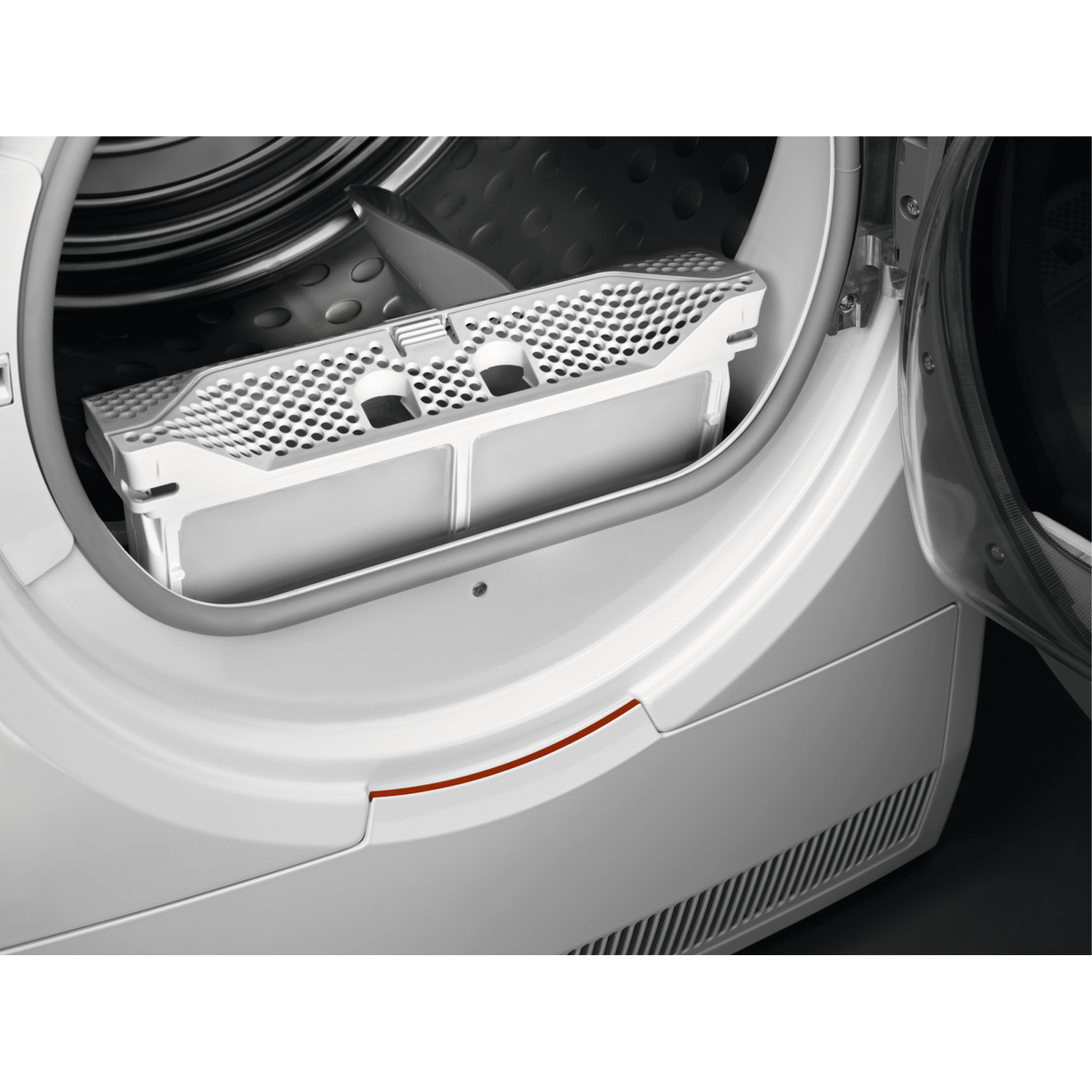 Open dryer door with lint filter inside. White dryer with gray interior. Red line detail on the door frame.