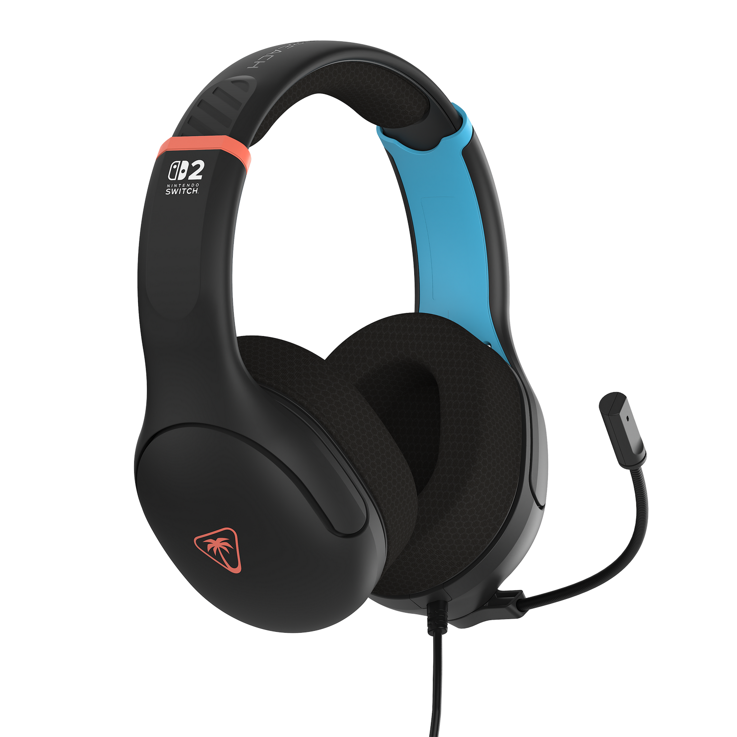 Auriculares para juegos negros y azules con micrófono. Los auriculares tienen un acento naranja y el logotipo de Nintendo Switch.