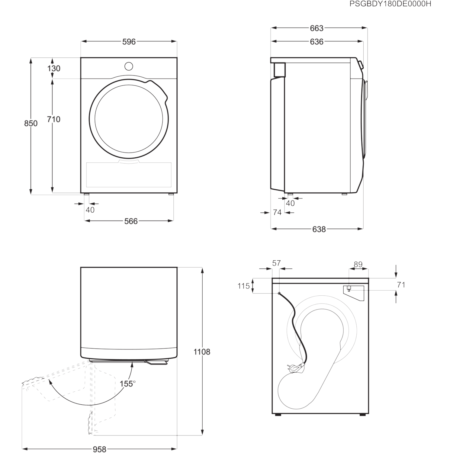 Technical drawing of a washing machine, showing front, side, and top views with dimensions in millimeters. The door opens 155 degrees.